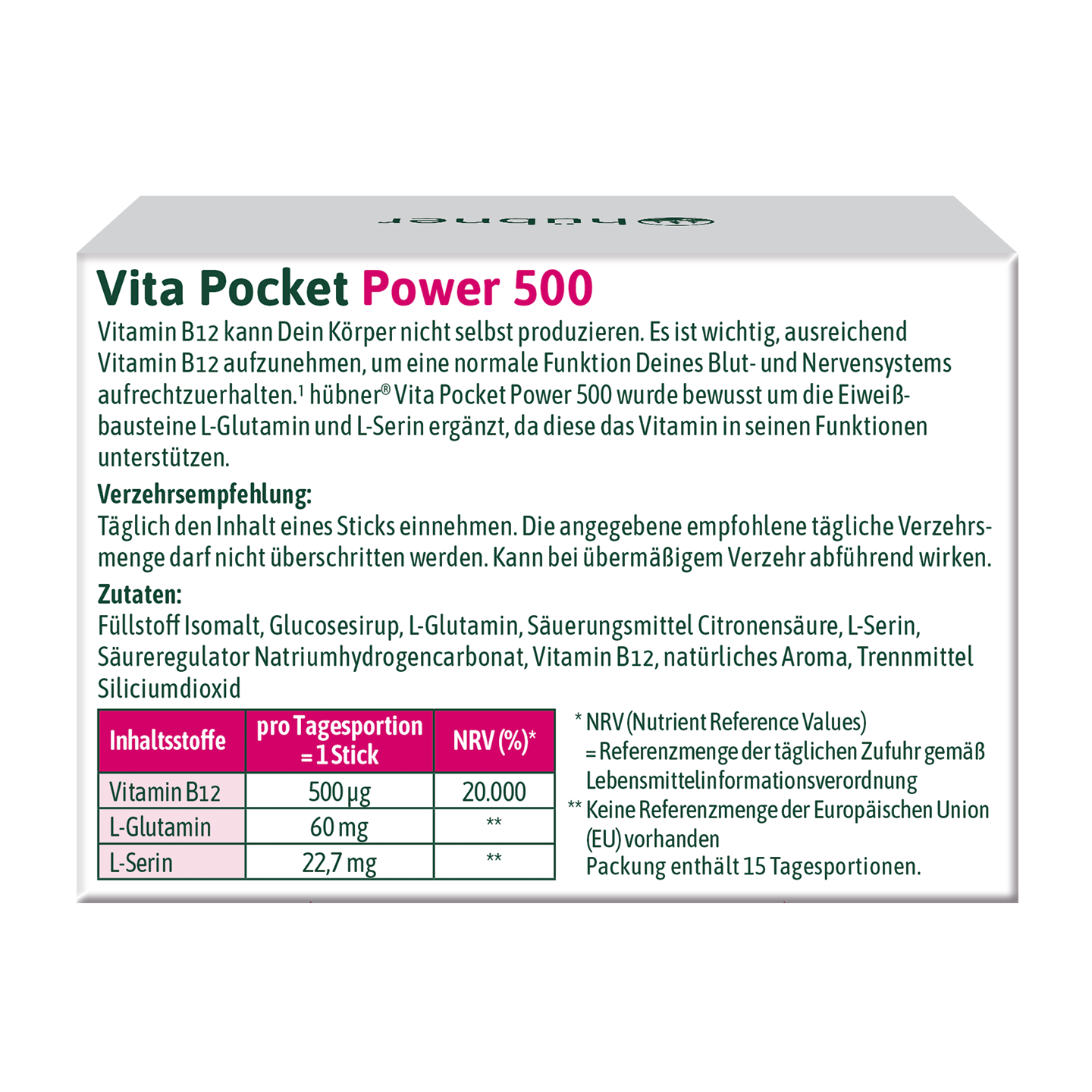 hübner® Vitamin B12 Vita Pocket Power 500 – 15 Stk.