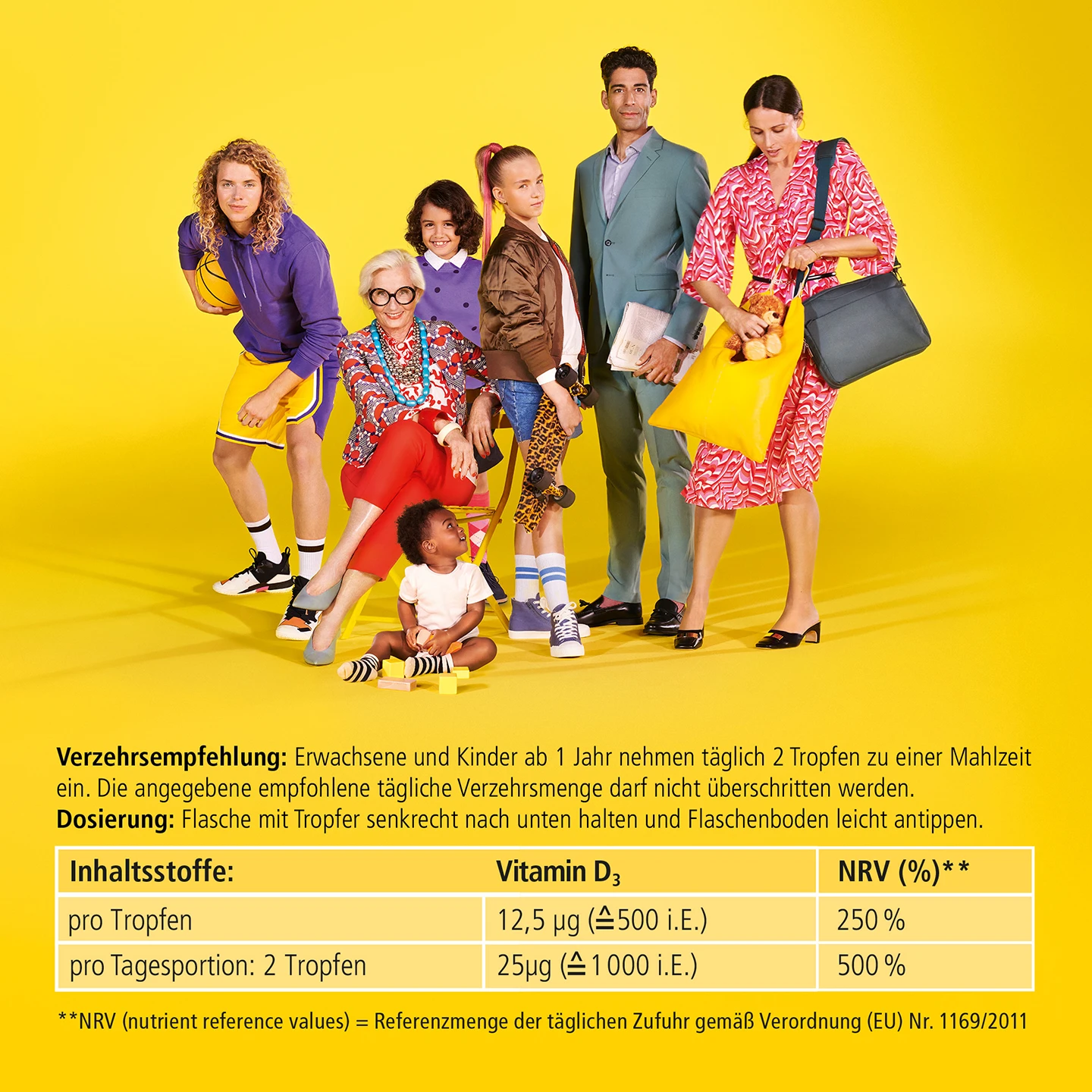 Sieben bunt gemischte Personen vor gelbem Hintergrund; darunter Text mit Dosierungs- und Verzehrhinweisen.