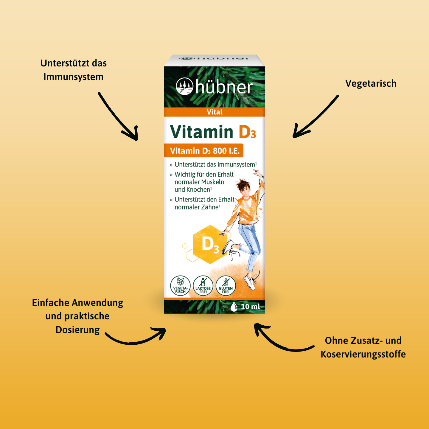 Eine Schachtel Hübner Vitamin D3-Tropfen mit einer Auflistung der Vorteile auf orangefarbenem Hintergrund.