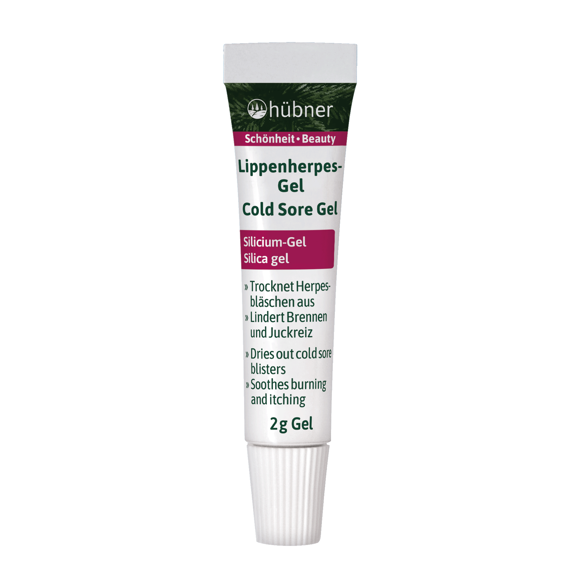 Eine Tube Hübner Lippenherpes-Gel 2g zur Behandlung von Lippenherpes, mit Gebrauchsanweisung in Deutsch und Englisch auf der Vorderseite.