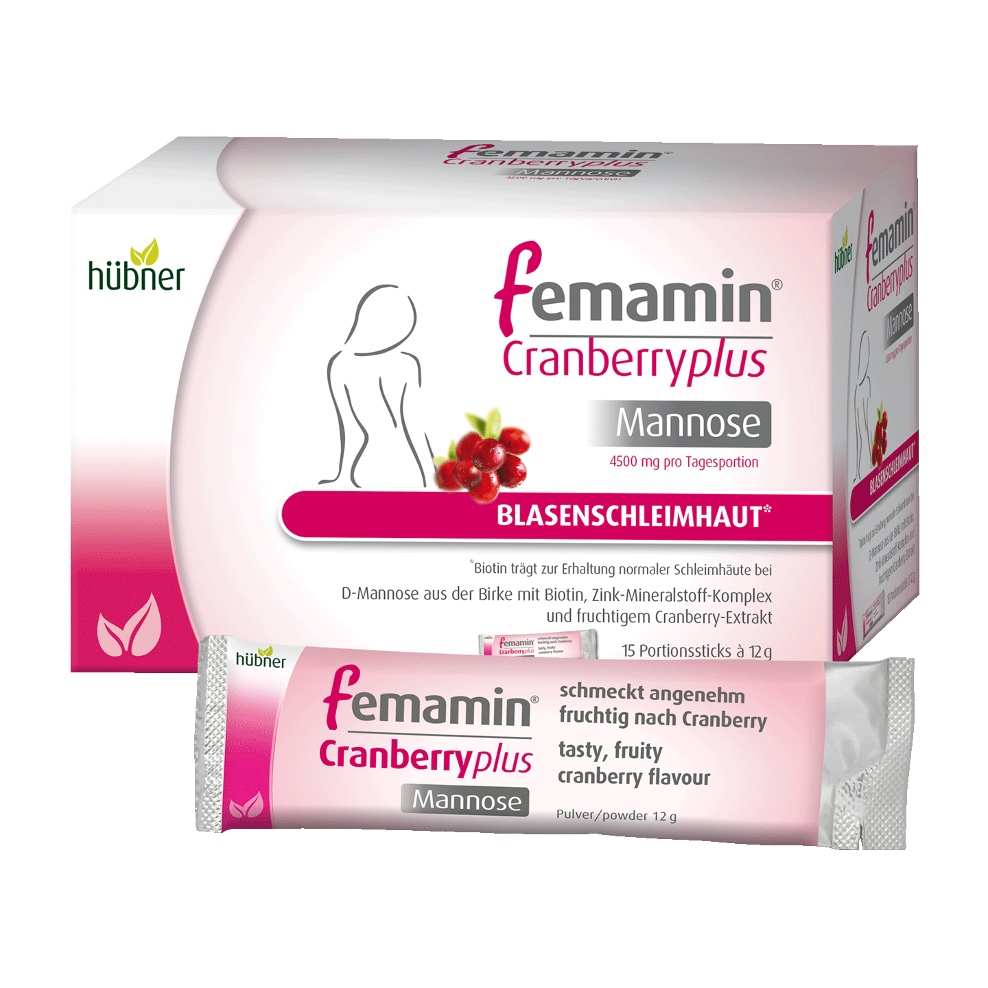 Schachtel und Beutel des Femamin Cranberryplus Mannose-Nahrungsergänzungsmittels mit Cranberry-Abbildung und Produktdetails in Deutsch und Englisch.