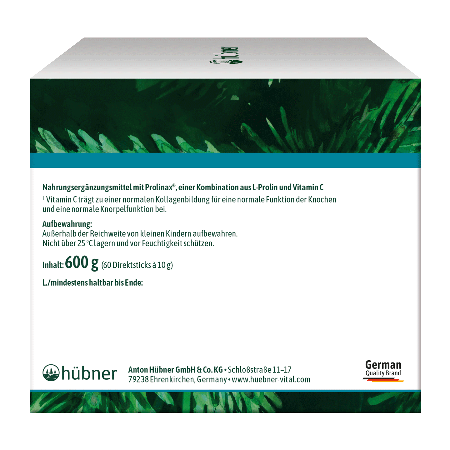 Seitensicht einer Schachtel Hübner Nahrungsergänzungspulver mit Produktdetails, Inhaltsstoffen, Gewicht 600g und Firmeninformationen in Deutsch.