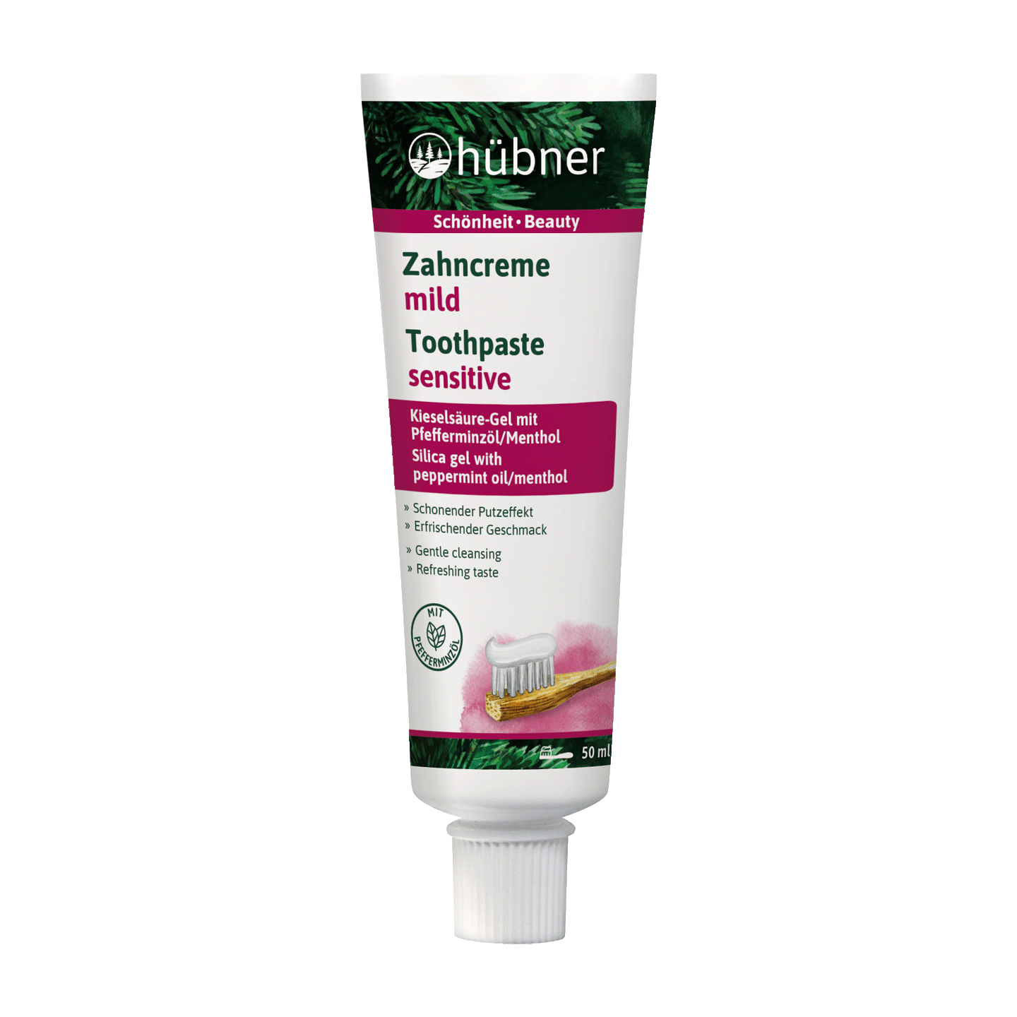 Eine Tube Hübner Zahnpasta mild sensitiv mit Pfefferminzöl, aufrecht auf weißem Hintergrund abgebildet.