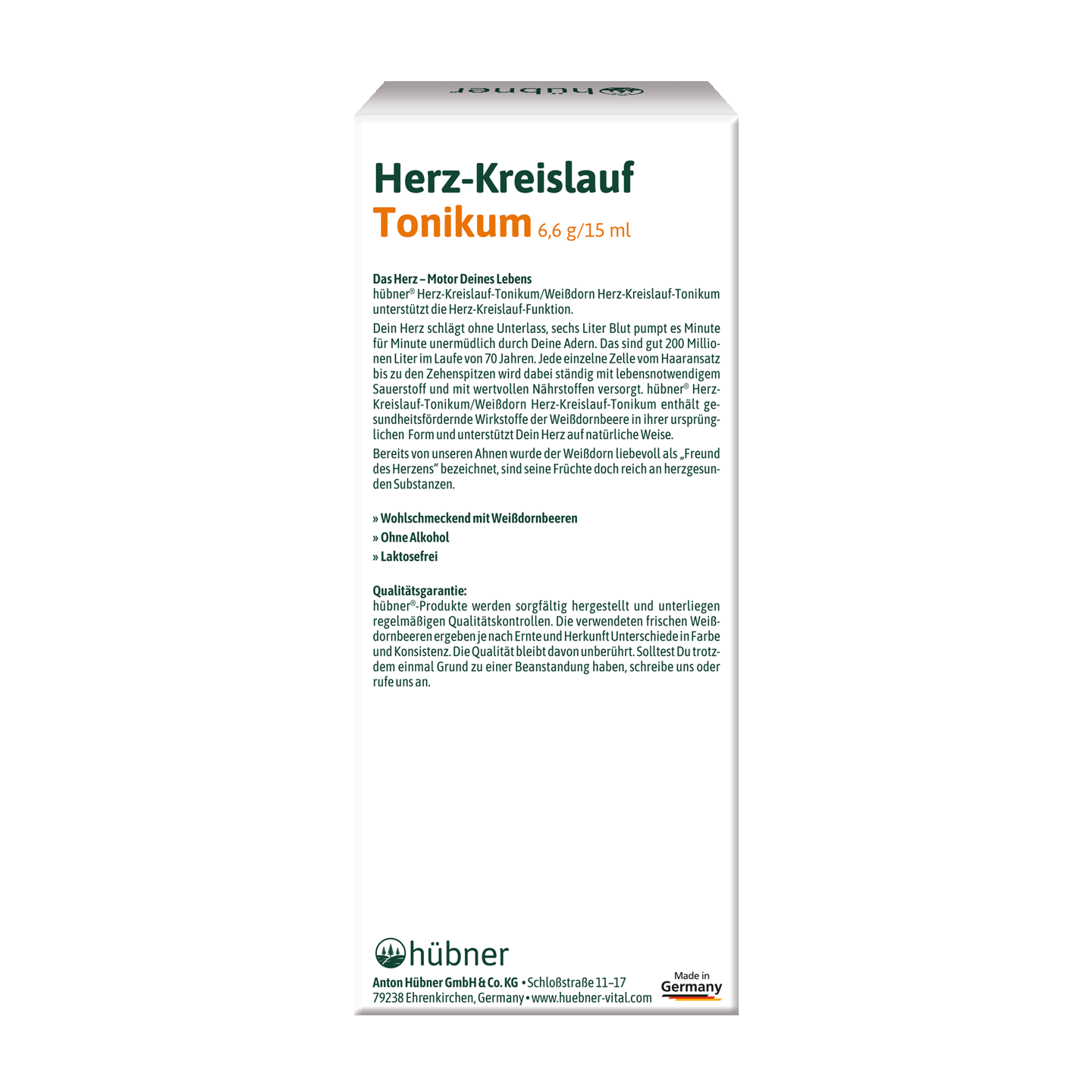 Vorderansicht einer Schachtel mit der Aufschrift „Herz-Kreislauf-Tonikum“ mit Produktinformationen in deutscher Sprache und dem Markenlogo von Hübner unten.