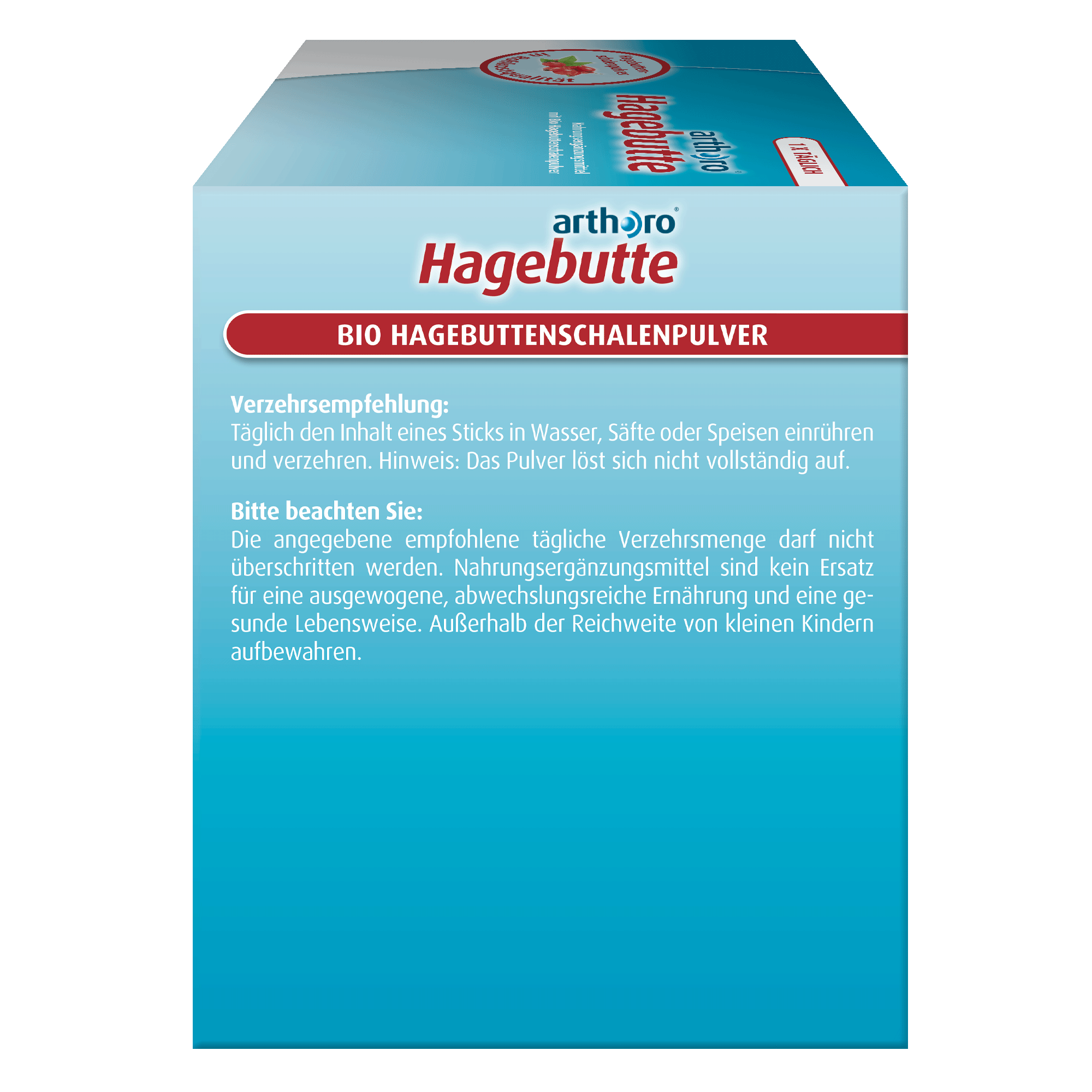 Schachtel arthoro Hagebutte Hagebuttenpulver mit deutscher Gebrauchs- und Warnhinweisen auf der Rückseite.