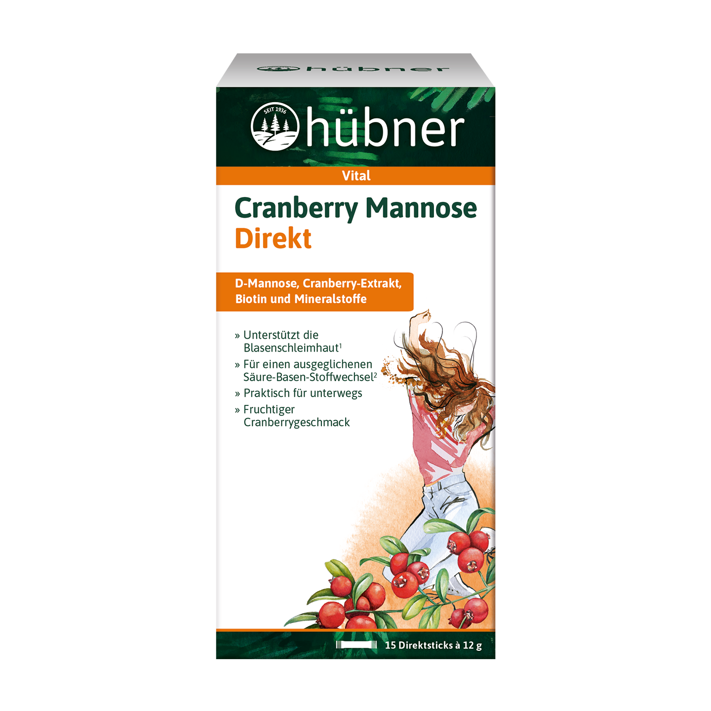 Schachtel Hübner Cranberry Mannose Direkt mit Cranberry-Illustrationen und einer Frau im Kleid, Produktdetails in Deutsch.