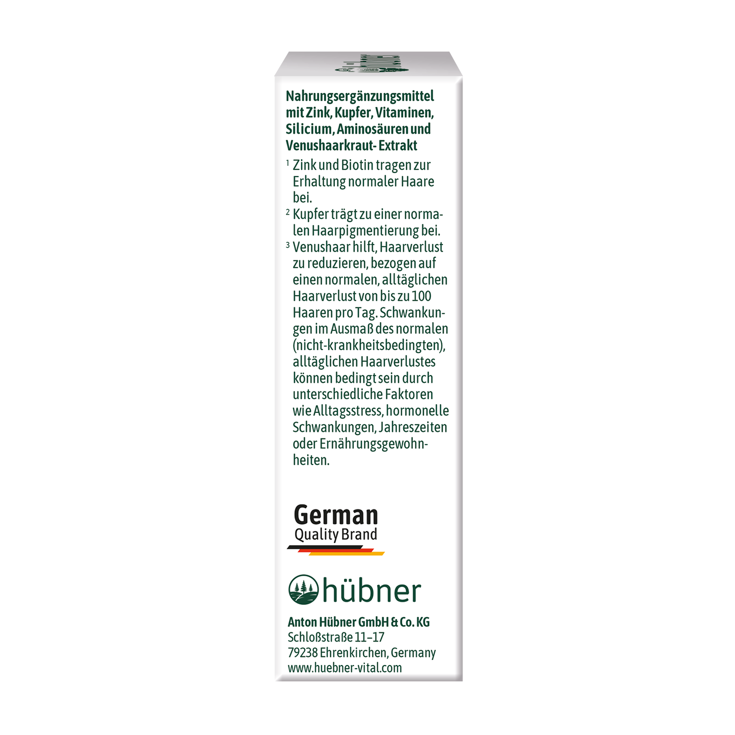 Weiße Produktverpackung mit deutschem Text, der die Inhaltsstoffe und die Anwendung des Nahrungsergänzungsmittels detailliert beschreibt; inklusive Firmeninformationen und einem grünen Hübner-Logo.