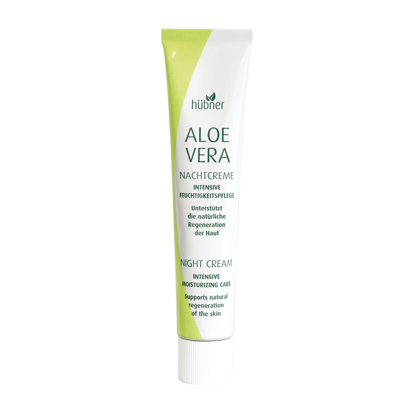 Eine Tube Hübner Aloe Vera Nachtcreme mit der Aufschrift „Intensive Feuchtigkeitsversorgung und Hautregeneration“ im grün-weißen Design.