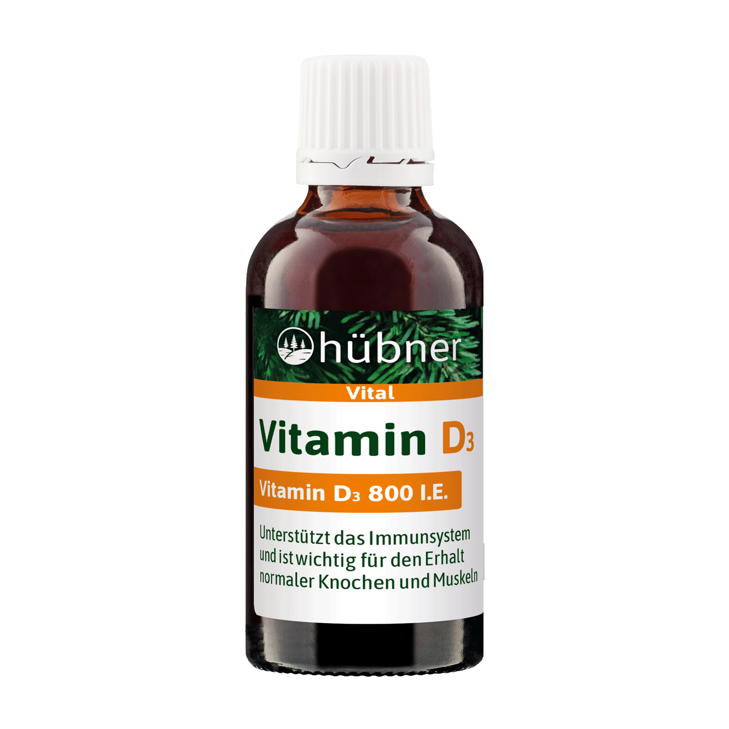 Eine braune Glasflasche mit der Aufschrift „hübner Vital Vitamin D3“ mit weißem Deckel und deutschem Text zur Unterstützung des Immunsystems und der Knochen.