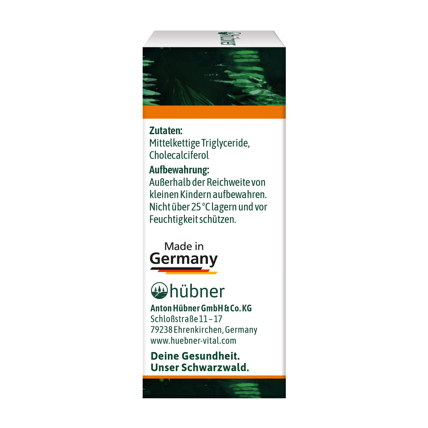Weiße Produktverpackung mit deutschem Text zu Inhaltsstoffen, Aufbewahrungshinweisen, Firmeninformationen und Made in Germany-Etikett, mit grünen Akzenten.