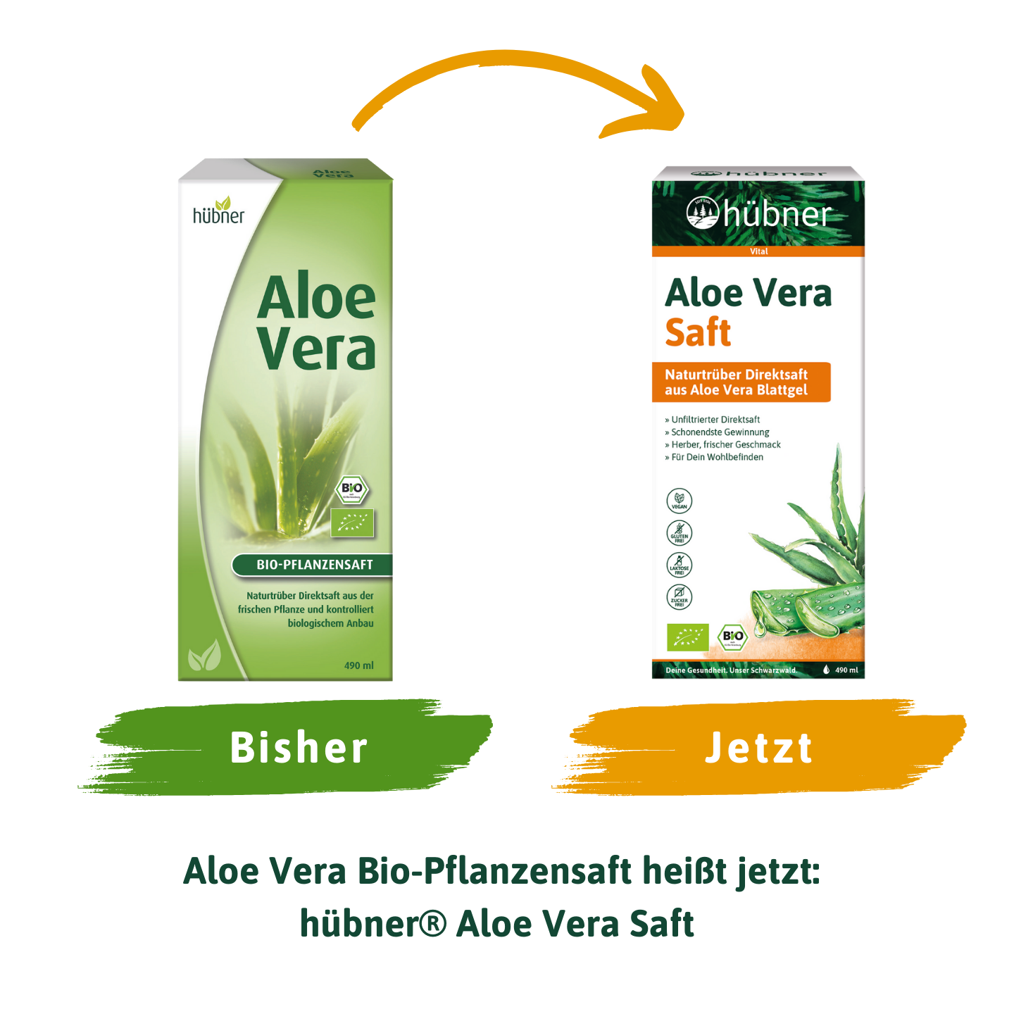 Zwei Aloe Vera Saftverpackungen: links das alte grüne Design und rechts das neue orangefarbene Design.