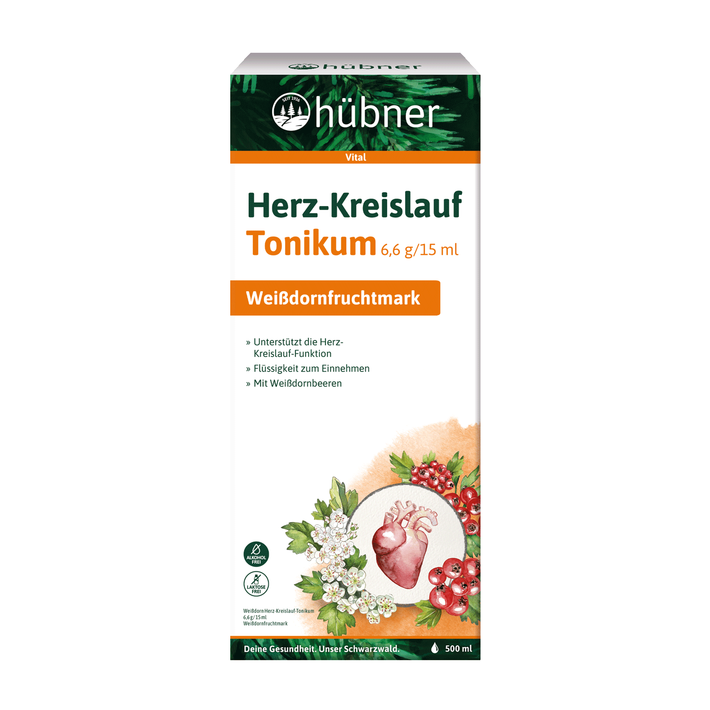 Eine Schachtel Hübner Herz-Kreislauf Tonikum mit Abbildungen von Weißdornfrüchten und Gesundheitsinformationen auf dem Vorderetikett.