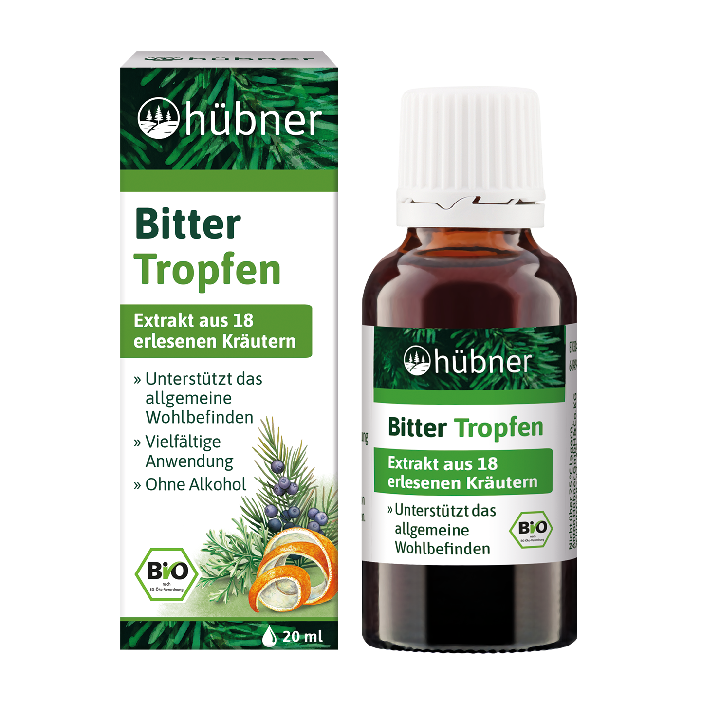 Eine Flasche und eine Schachtel Kräuterextrakt Hübner Bitter Tropfen mit grün-weißem Etikett und Abbildungen von Kräutern und Früchten.
