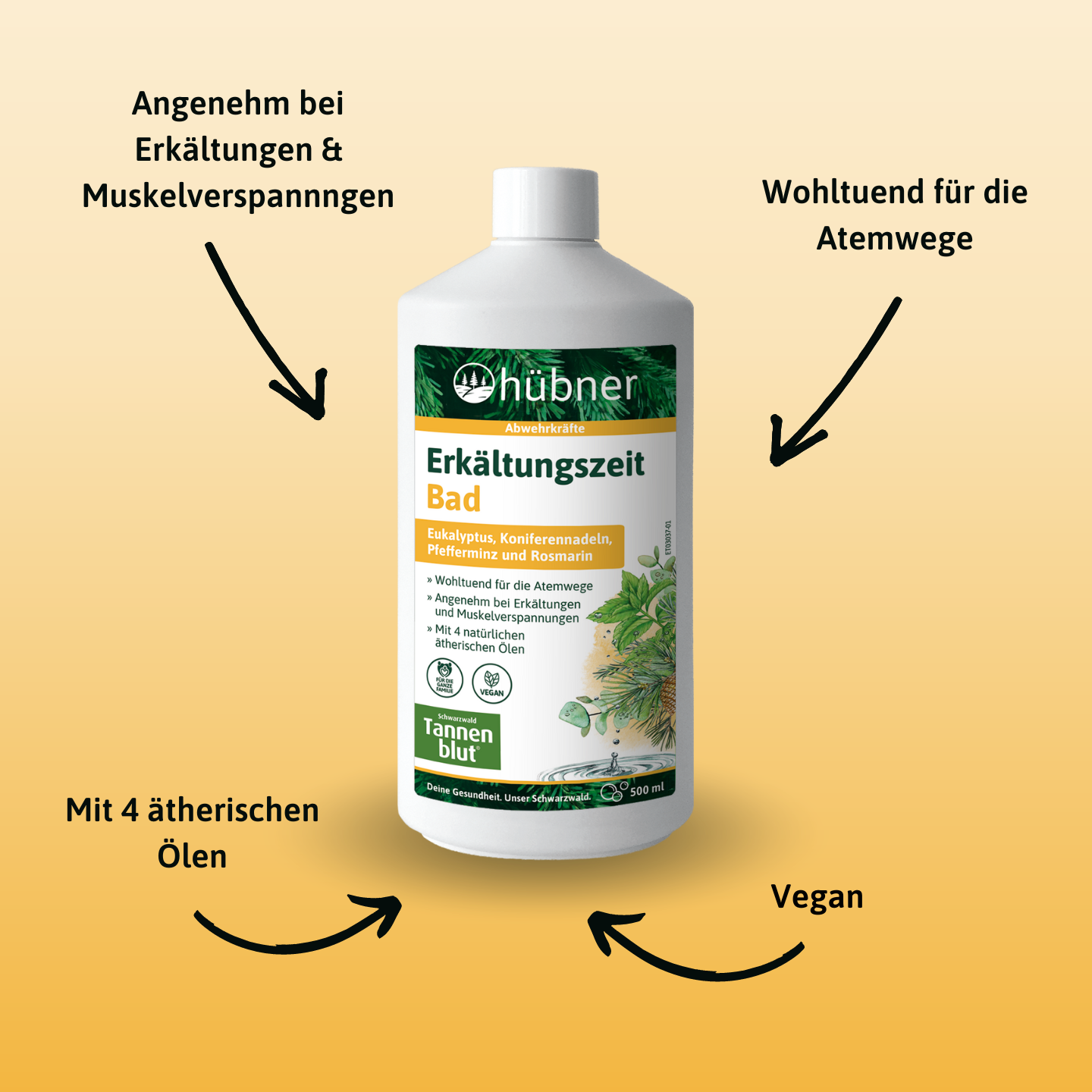 Eine Flasche Hübner Erkältungszeit Bad mit einem Text auf gelbem Hintergrund, der die Vorteile und Eigenschaften hervorhebt.