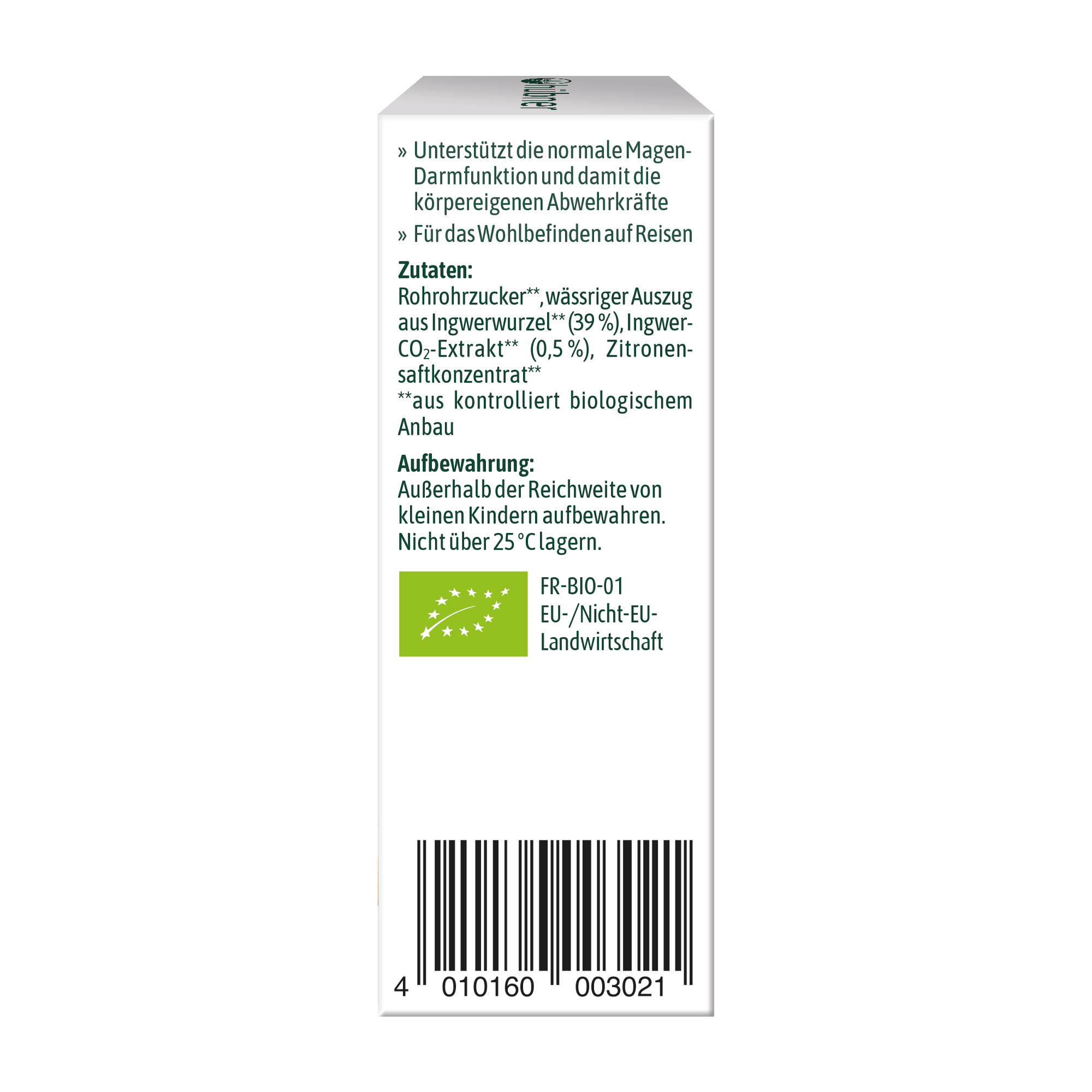 Rückseite einer Produktverpackung mit deutschem Text zu Inhaltsstoffen, Anwendung, Lagerungsinformationen und einem Bio-Zertifizierungslabel.