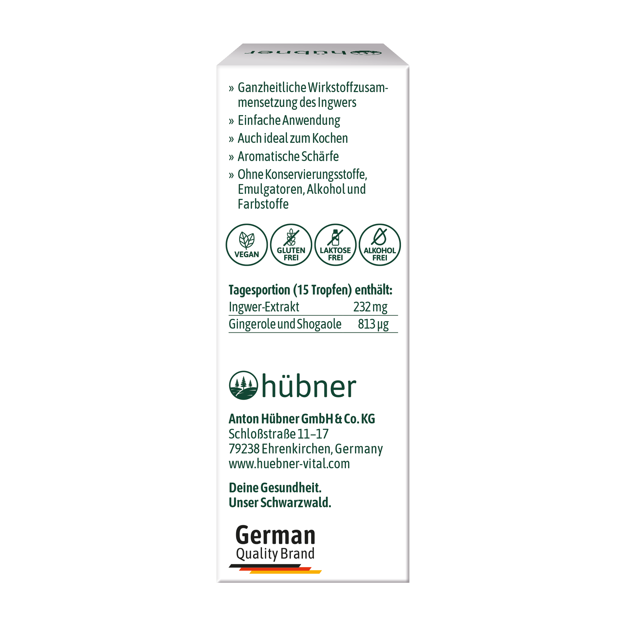 Die Rückseite einer Hübner-Produktverpackung mit Auflistung der Zutaten, Nährwertangaben, Symbolen für vegan, glutenfrei, laktosefrei und Kontaktdaten.
