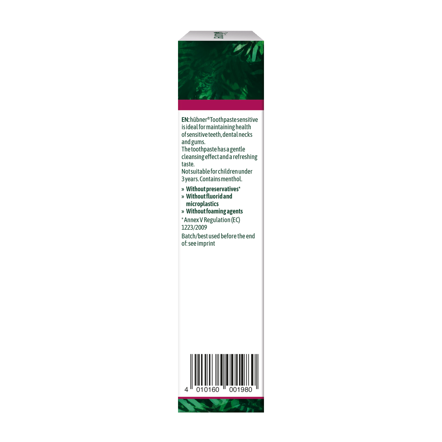 Seitenansicht einer Zahnpastapackung mit Produktbeschreibung, Barcode auf weißem Hintergrund mit grünen Blättern an der oberen und unteren Seite.