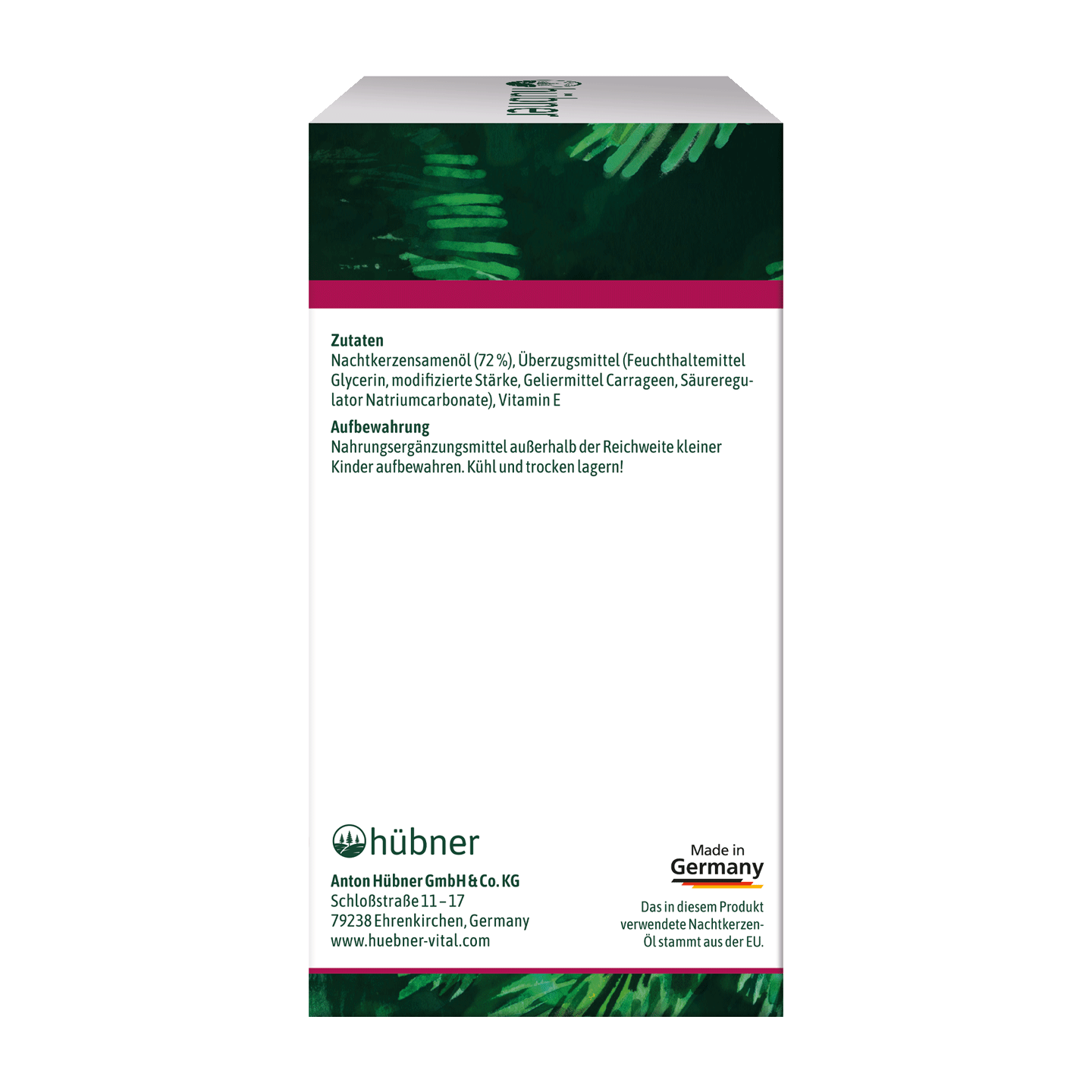 Rückseite einer Produktverpackung mit deutschem Text, der die Inhaltsstoffe, Lagerungshinweise, den Hersteller und das Etikett „Made in Germany“ auflistet.