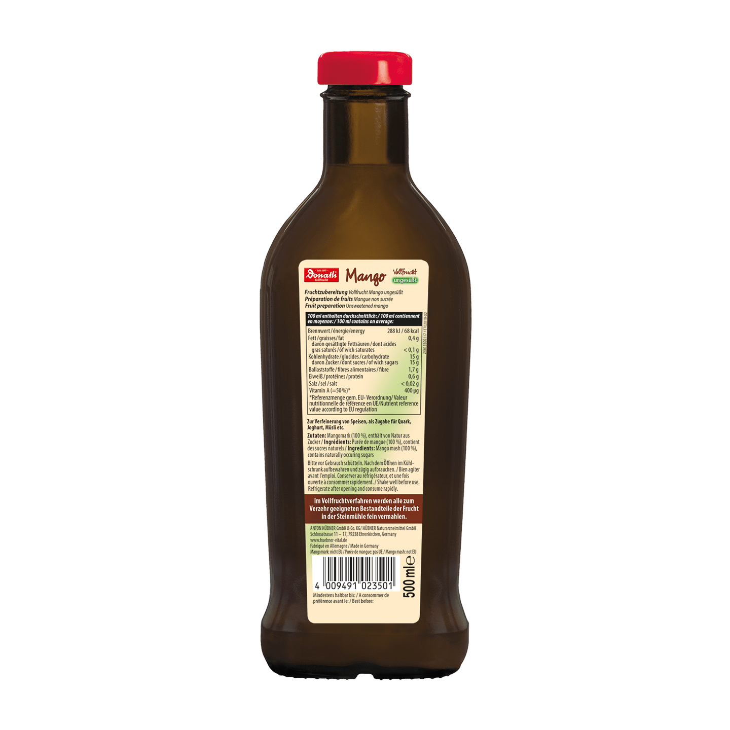 Eine braune Flasche mit rotem Verschluss, auf deren Rückseite das Etikett mit Produktinformationen und Nährwertangaben zu sehen ist.