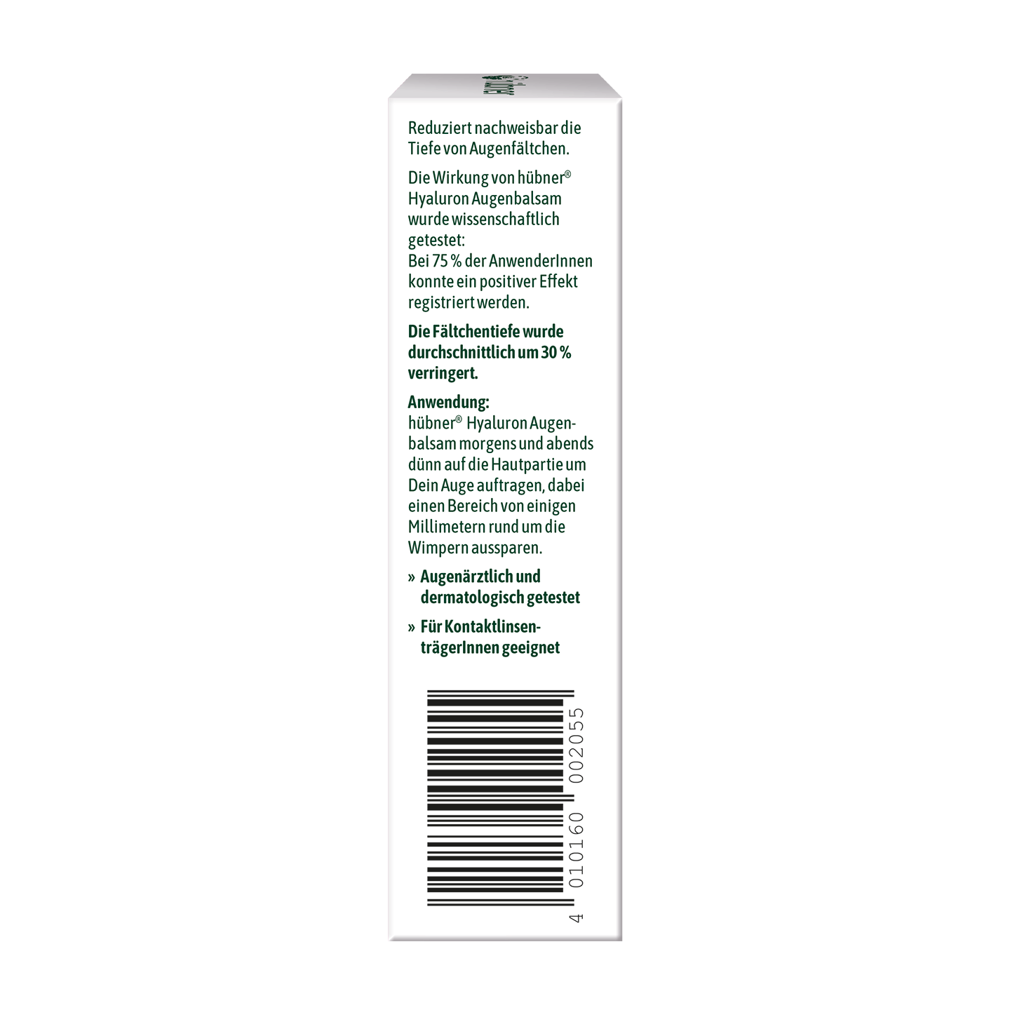 Weiße Produktverpackung mit deutschem Text, der einen Augenbalsam beschreibt, Anwendungshinweisen und einem Barcode am Boden.