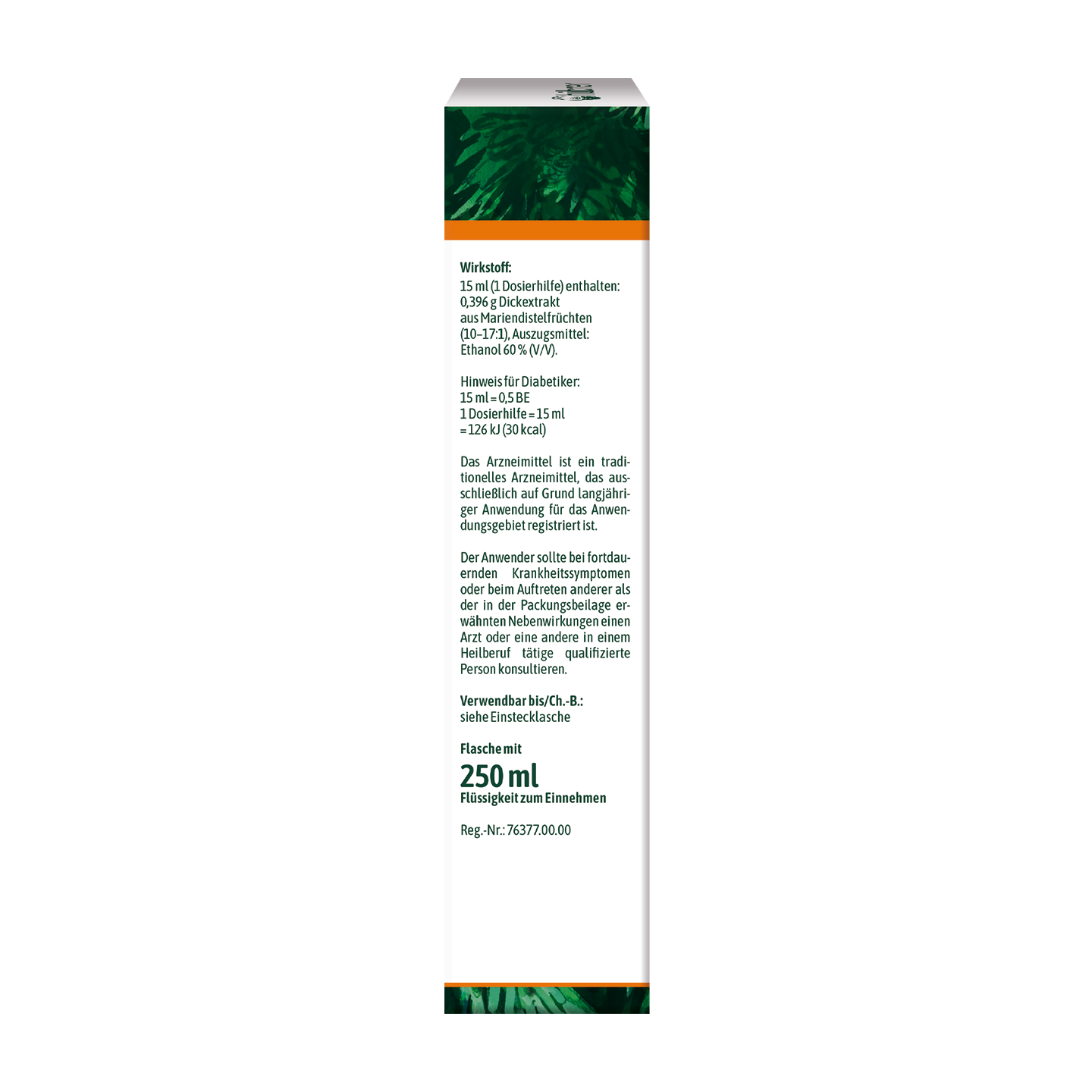 Vertikales Etikett mit deutschem Text, der die Inhaltsstoffe, Anweisungen und Dosierung für ein 250 ml flüssiges Medikament auflistet, mit einem Blattmuster oben.