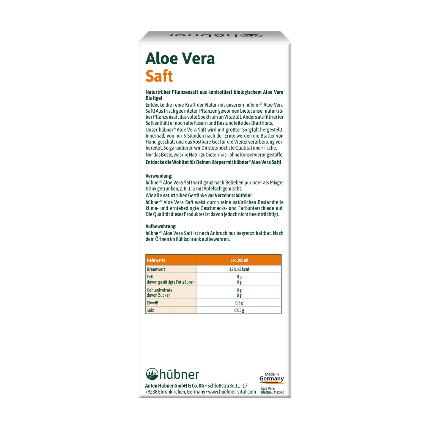 Rückseite eines Hübner Aloe Vera Saft-Kartons mit Produktinformationen, Gebrauchsanweisung, Zutaten und Nährwerten in deutscher Sprache.