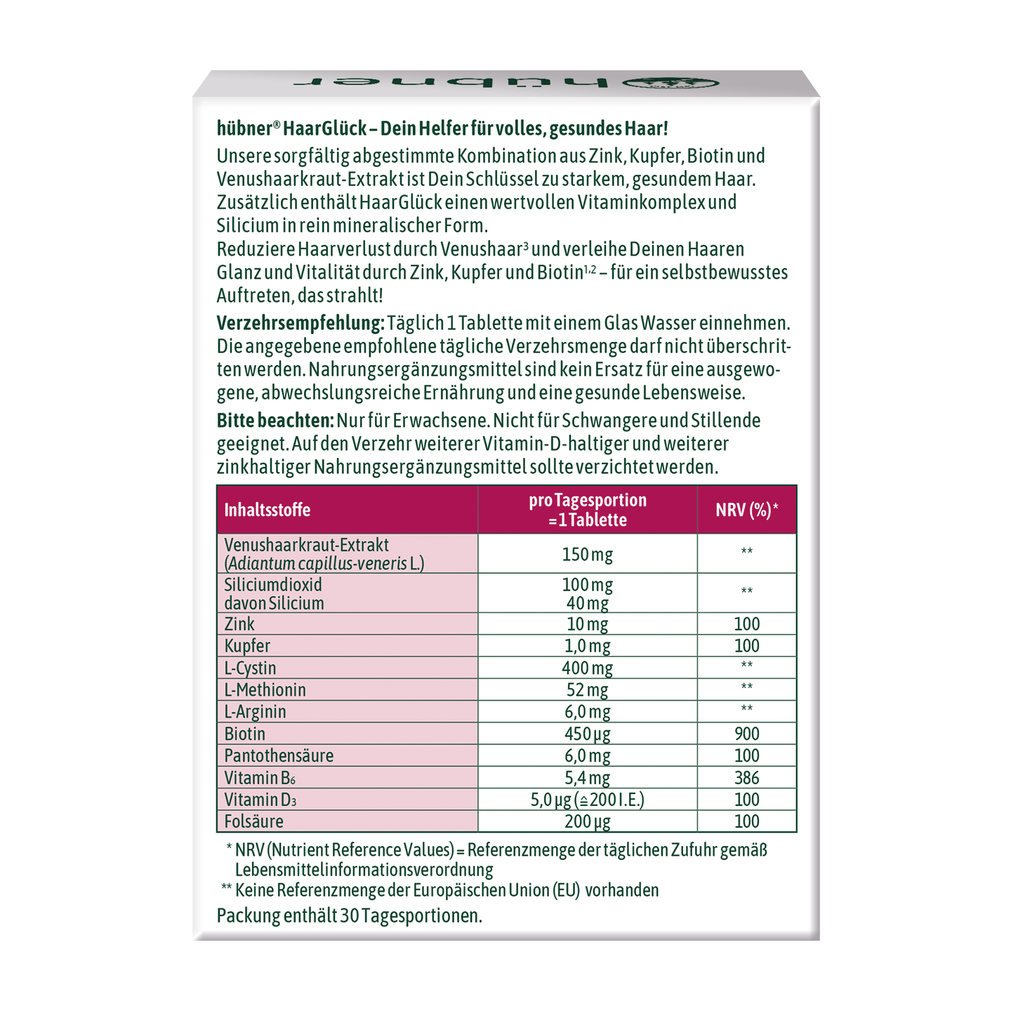 Ergänzungsetikett in deutscher Sprache mit Produktinformationen, Inhaltsstoffen, Nährwerttabelle und Dosierung für Tabletten zur Haargesundheit.