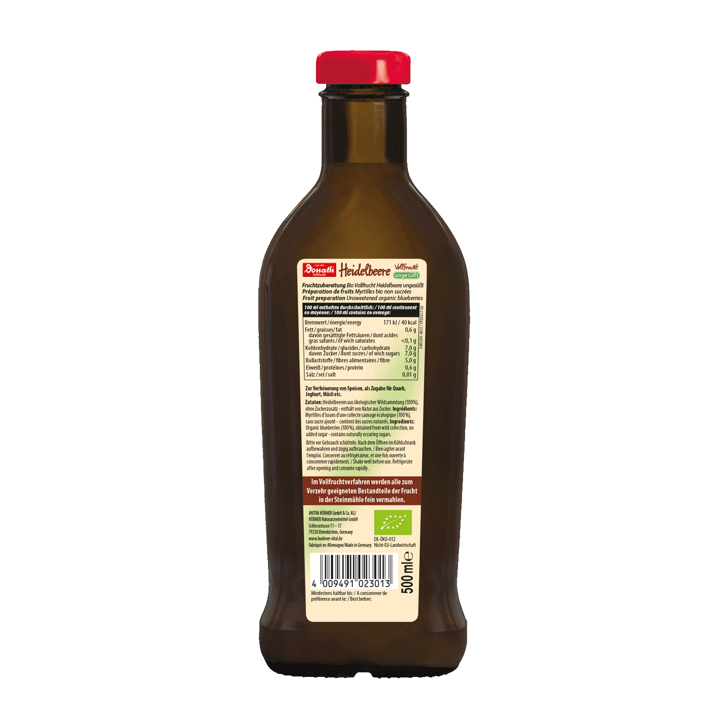 Eine braune Glasflasche mit rotem Verschluss, auf deren Rückseite sich ein ausführliches Etikett mit Produktinformationen und einem Barcode befindet.