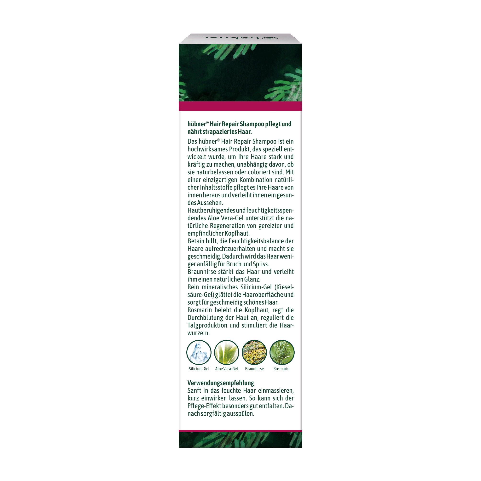 Seitenansicht einer Shampoo-Packung mit deutschem Text, der die Vorteile und Inhaltsstoffe beschreibt, sowie drei kleinen Pflanzenillustrationen am unteren Rand.