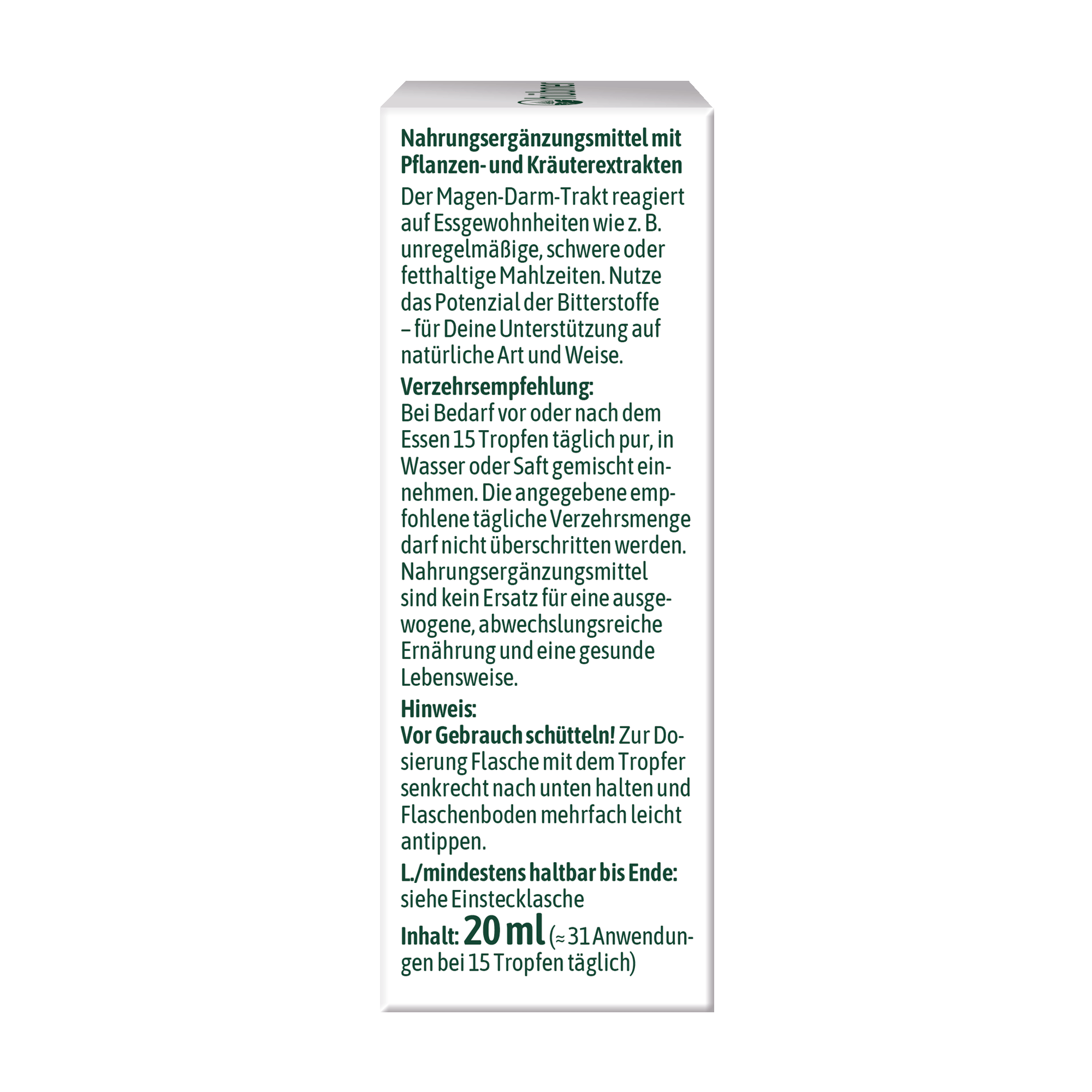 Weiße rechteckige Verpackung mit deutschem Text zur Beschreibung eines Nahrungsergänzungsmittels, Gebrauchsanweisungen, Inhaltsstoffen und Aufbewahrungsinformationen.