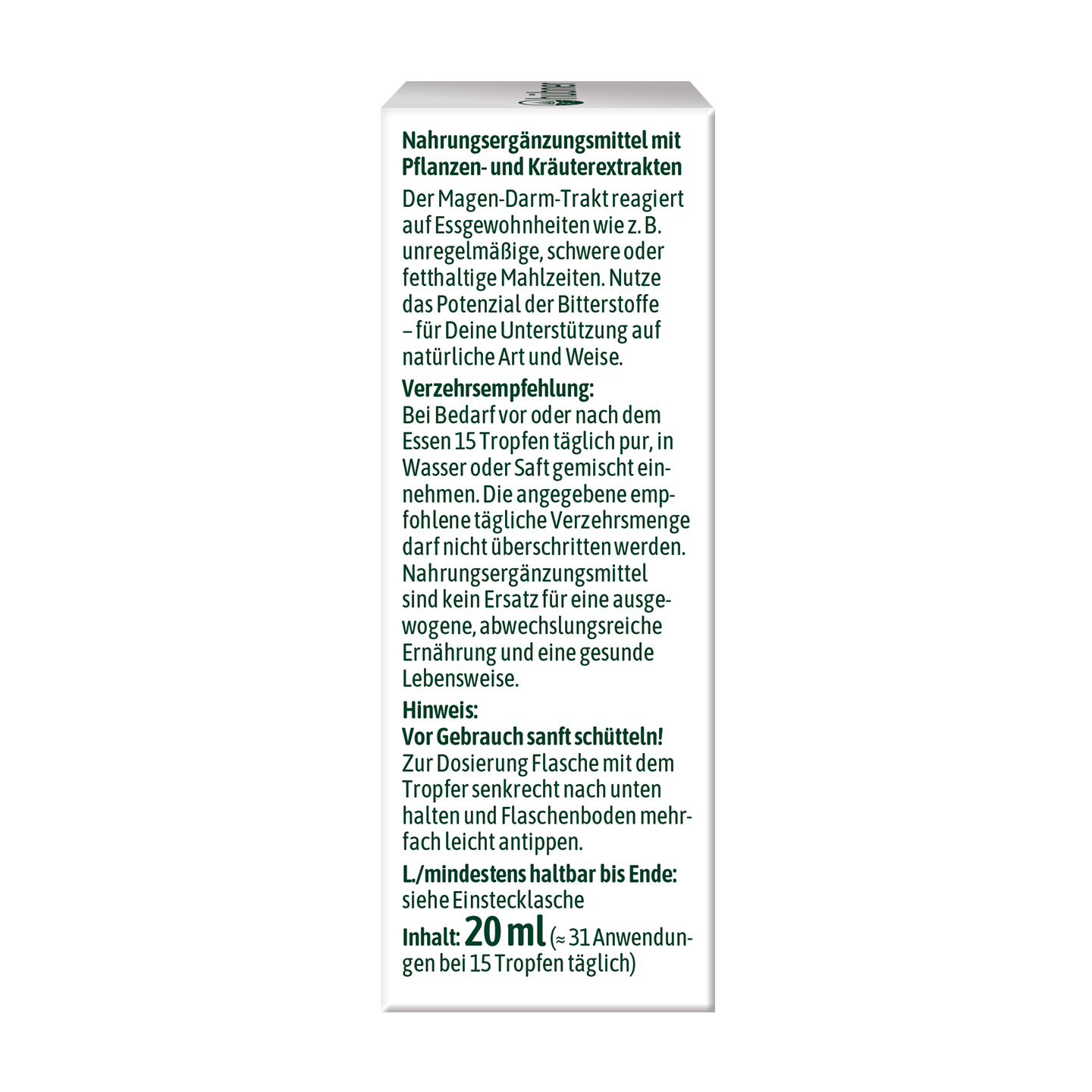 Weiße rechteckige Verpackung mit deutschem Text zur Beschreibung eines Nahrungsergänzungsmittels, Gebrauchsanweisungen, Inhaltsstoffen und Aufbewahrungsinformationen.