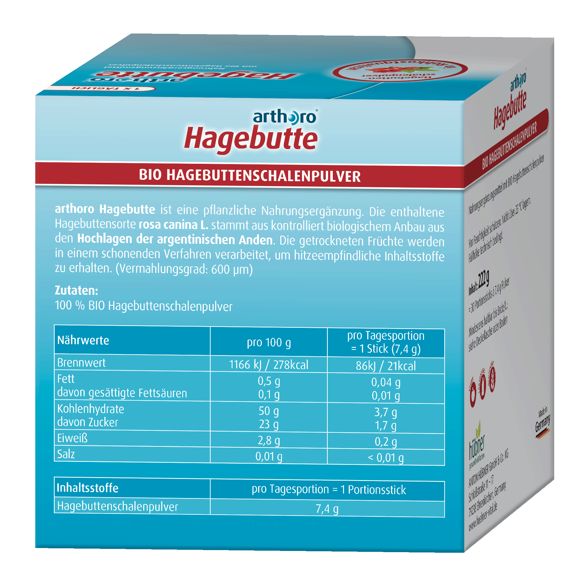 Eine Schachtel arthoro Hagebutte Bio-Hagebuttenpulver mit Nährwertangaben und Produktdetails in deutscher Sprache.