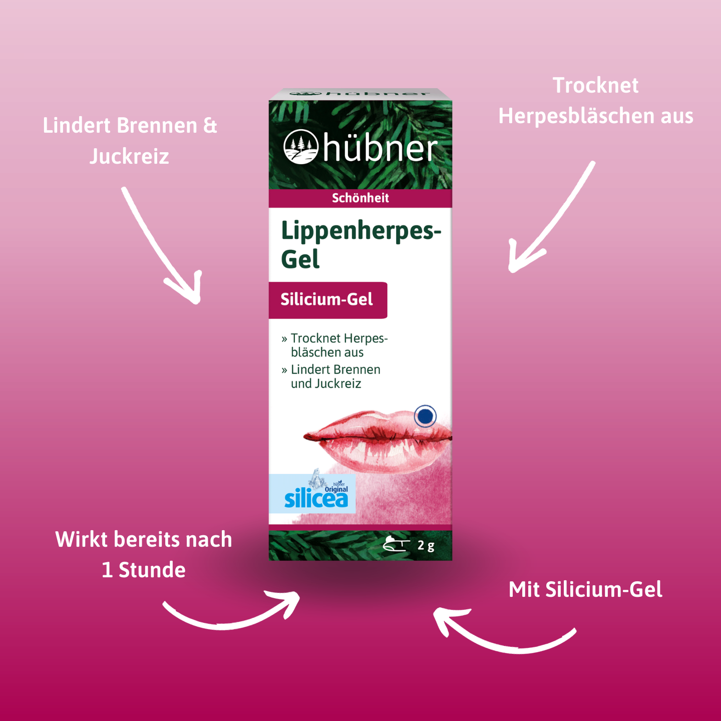 Eine Schachtel Hübner Lippenherpes-Gel mit deutschem Text und Pfeilen, die auf rosa Hintergrund die Vorteile hervorheben.