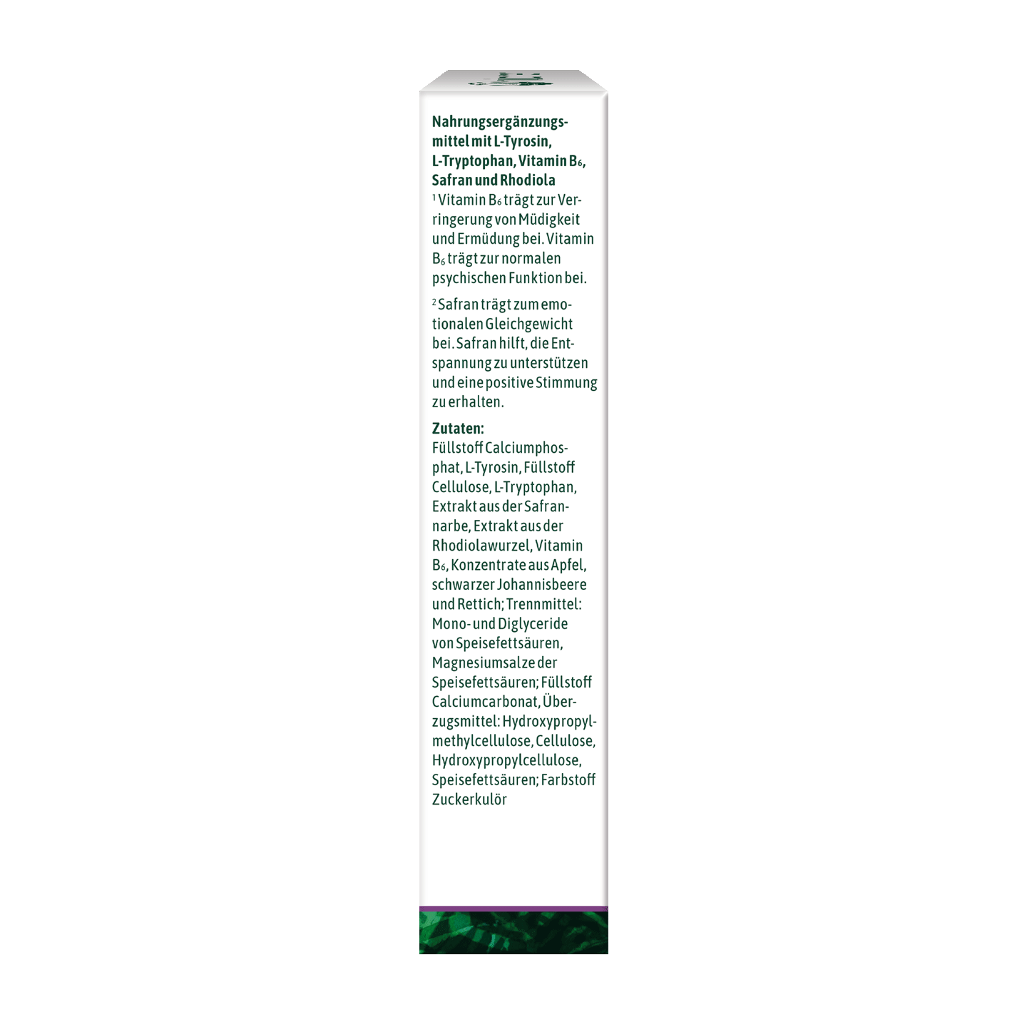 Eine weiße Produktverpackung mit deutschem Text, der die Inhaltsstoffe und Nährwertangaben für ein Nahrungsergänzungsmittel enthält.