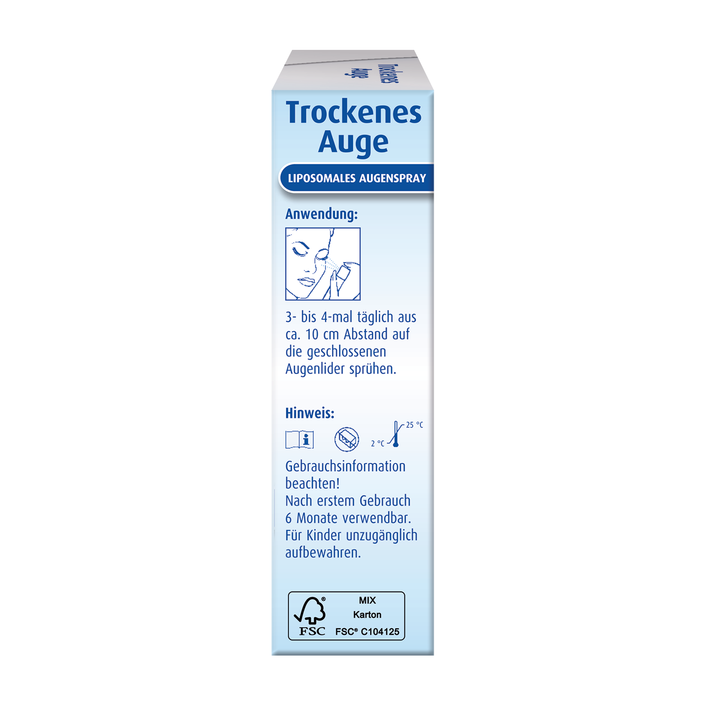 Seite einer Schachtel mit der Aufschrift „Trockenes Auge“ mit Anweisungen und Warnhinweisen zur Verwendung eines liposomalen Augensprays in deutscher Sprache.