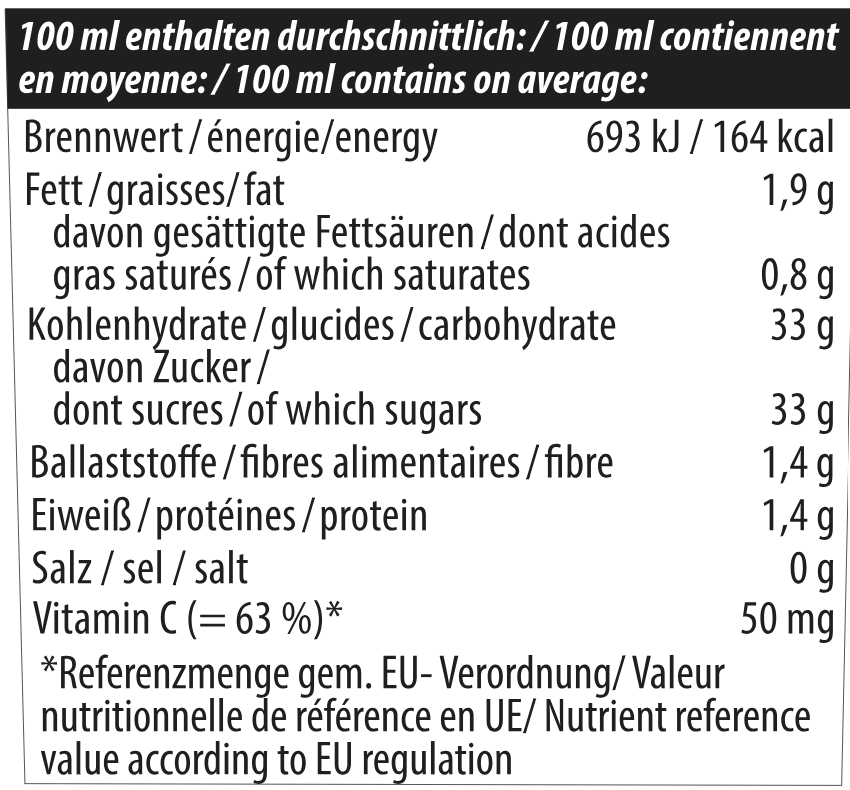 Tabelle für Nährwerte und Inhaltsstoffe von Donath® Vollfrucht Sanddorn Acerola