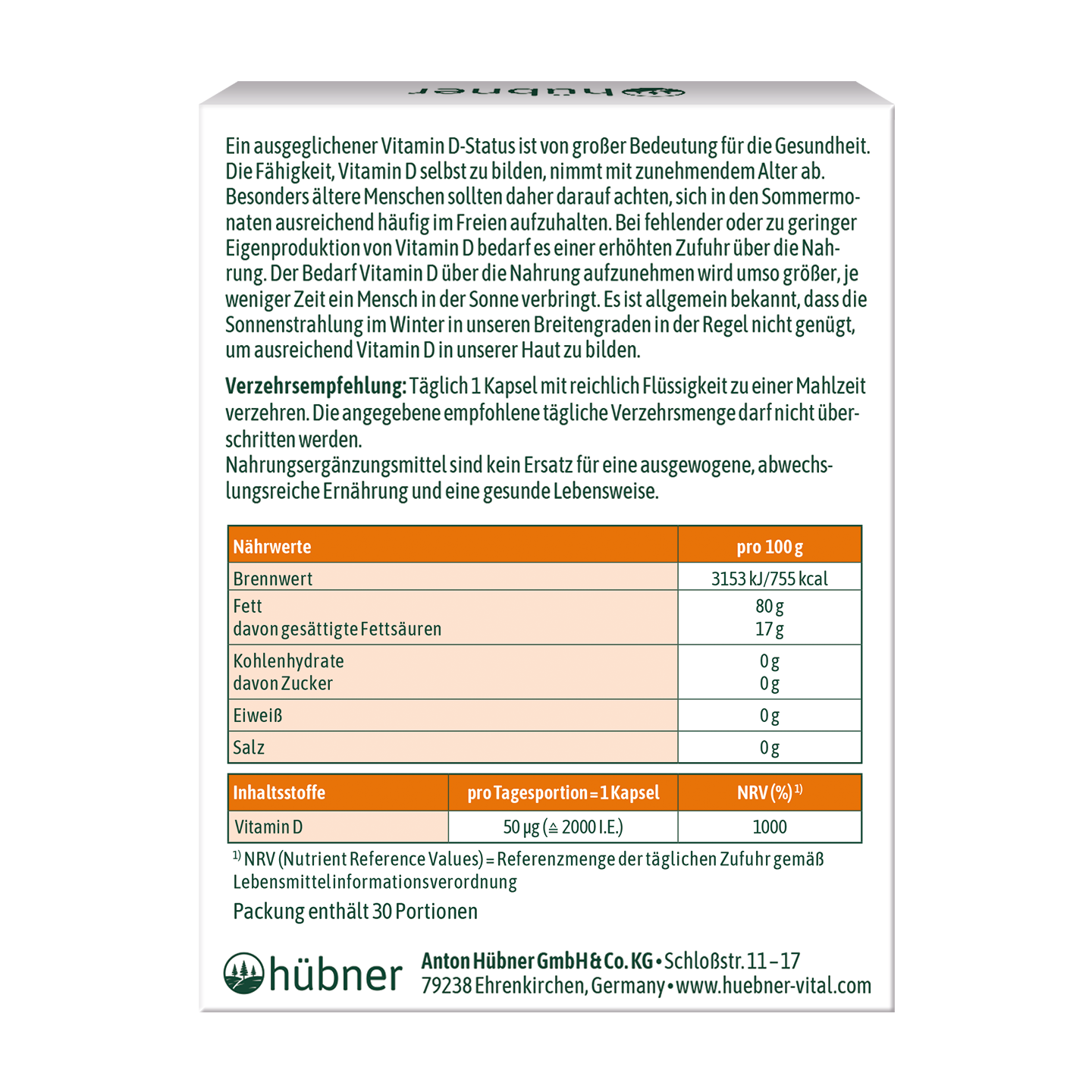 Nährwerttabelle und Produktinformationen zu einer Vitamin D3 Kapsel in deutscher Sprache mit Angaben zu Nährstoffen, Dosierung und Hersteller.