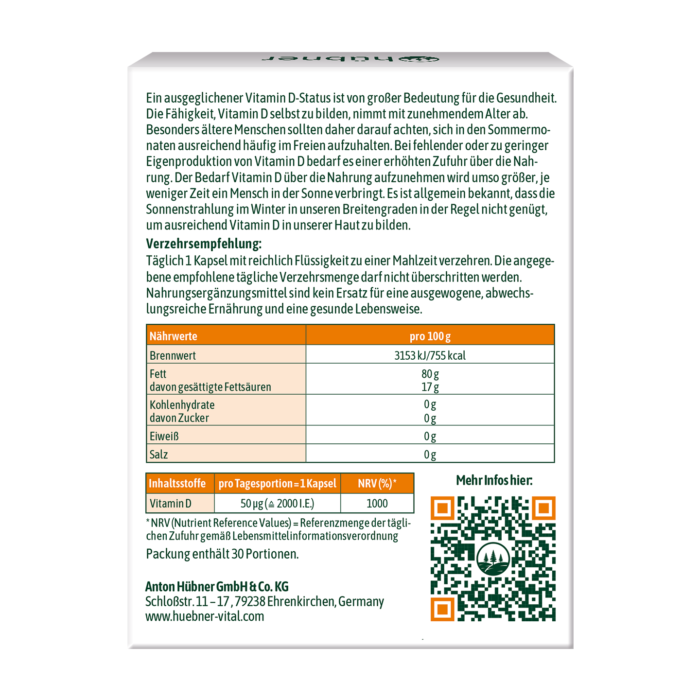 Nährwerttabelle und Produktinformationen zu einer Vitamin D3 Kapsel in deutscher Sprache mit Angaben zu Nährstoffen, Dosierung und Hersteller.