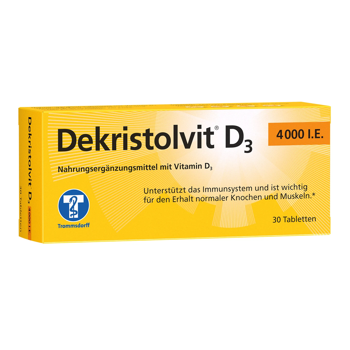 Gelbe Schachtel Dekristolvit D3, 4000 I.E., ein Vitamin-D3-Präparat mit 30 Tabletten, Text in Deutsch.