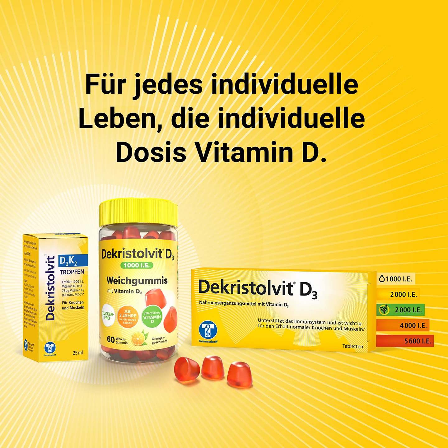 Drei Dekristolvit D3 Vitamin-D-Produkte mit deutschem Text: Für jedes individuelle Leben, die individuelle Dosis Vitamin D.