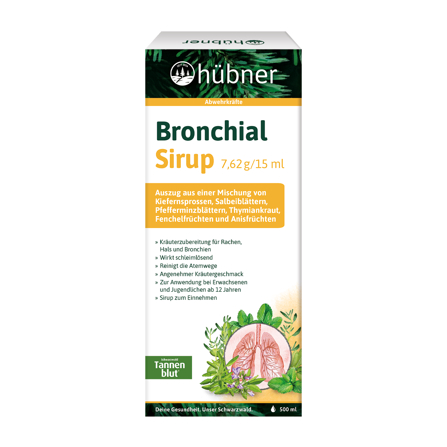 Schachtel Hübner Bronchialsirup mit Kräuterbestandteilen, Dosierungsinformationen und illustrierter Lunge auf dem Vorderetikett.