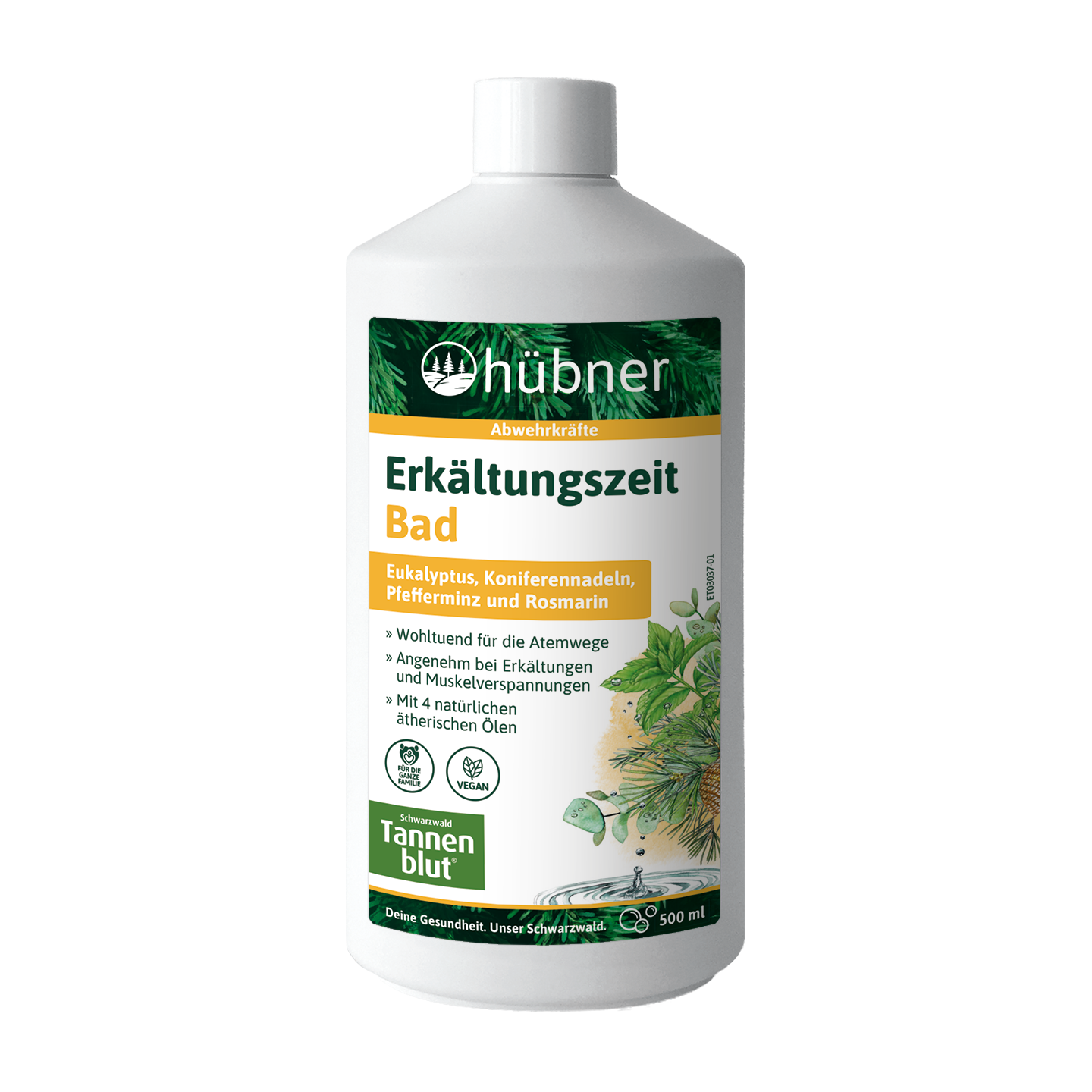 Eine Flasche Hübner Erkältungszeit Bad Badezusatz mit Eukalyptus, Kiefer, Pfefferminze und Rosmarin, mit grün-gelber Beschriftung.