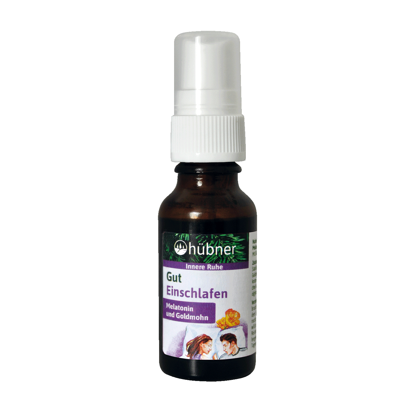 Eine braune Glasflasche mit der Aufschrift „Gut Einschlafen“ von Hübner und weißem Sprühverschluss, enthält Melatonin und Kalifornischen Mohn.