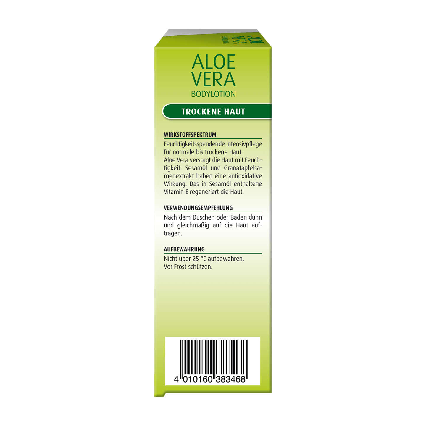 Eine grün-gelbe Flaschenschachtel mit Aloe Vera Bodylotion für trockene Haut, mit Produktinformationen und einem Barcode auf der Rückseite.