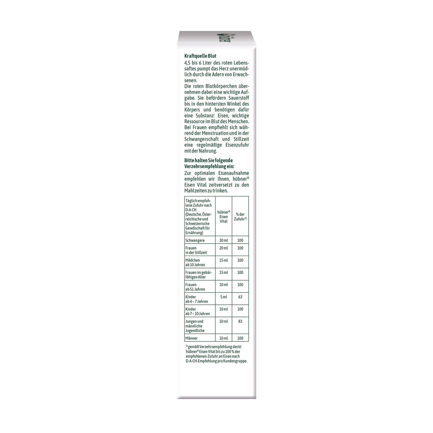 Seitenansicht einer Produktverpackung mit deutschem Text und einer Nährwerttabelle, dargestellt auf weißem Hintergrund.