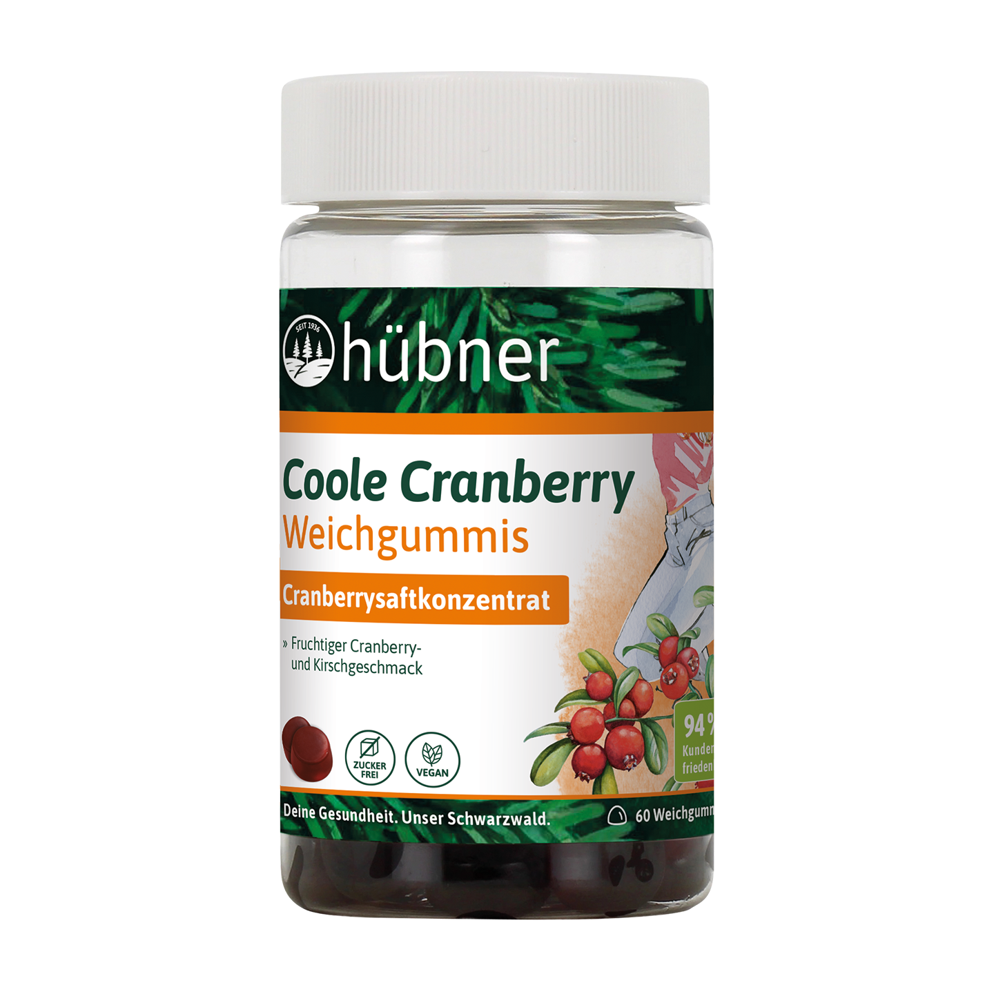 Ein Glas Hübner Coole Cranberry-Gummibärchen mit Cranberry-Abbildungen und deutschem Text auf dem Etikett.