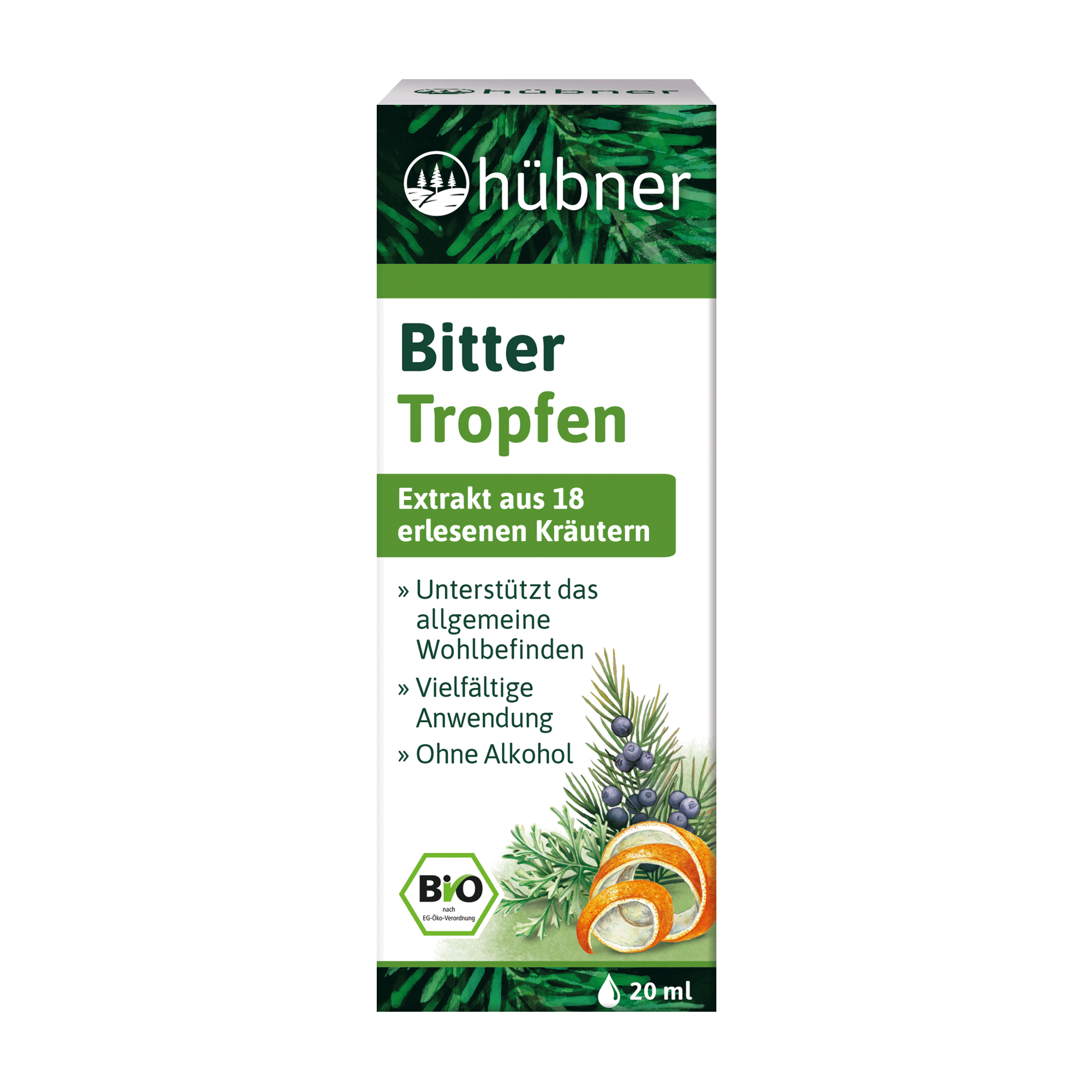Eine Schachtel Hübner Bitter Tropfen mit Kräuter- und Orangenabbildungen, der Aufschrift „Bio“, „Alkoholfrei“ und einem Inhalt von 20 ml.