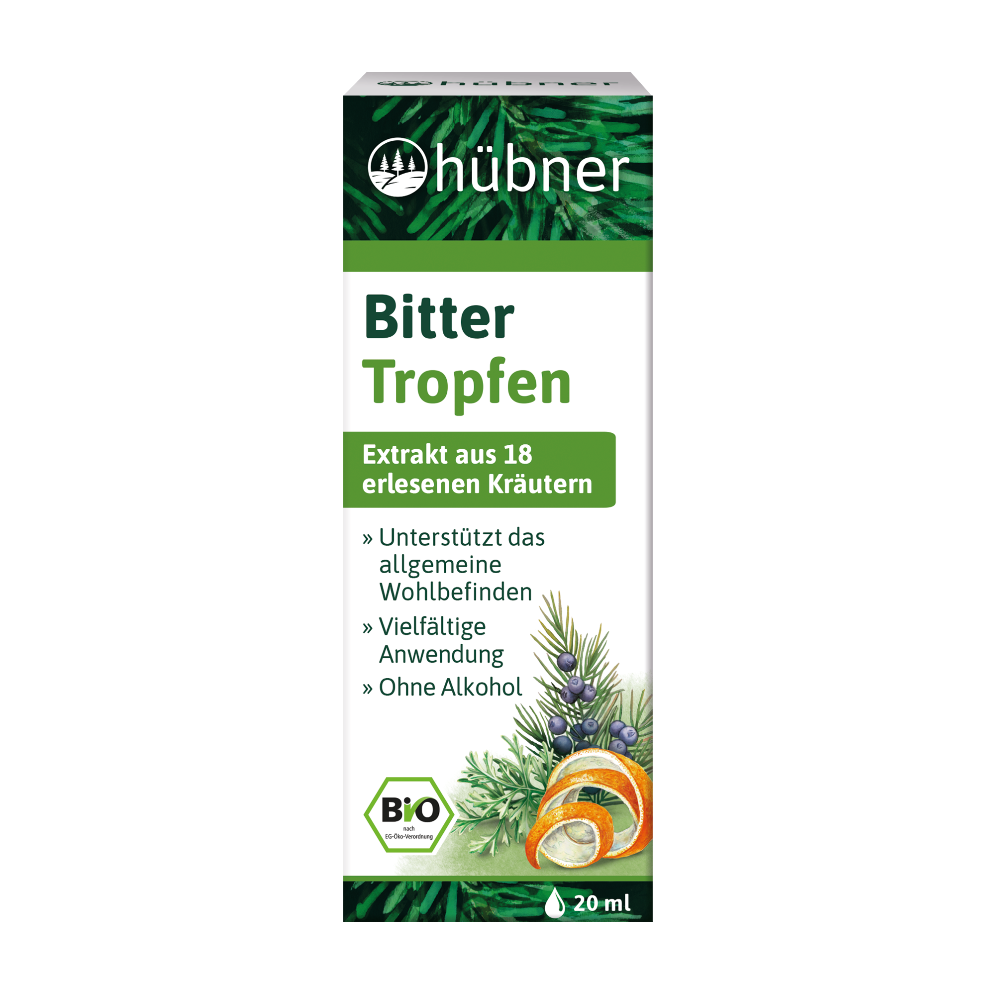 Eine Schachtel Hübner Bitter Tropfen mit Kräuter- und Orangenabbildungen, der Aufschrift „Bio“, „Alkoholfrei“ und einem Inhalt von 20 ml.