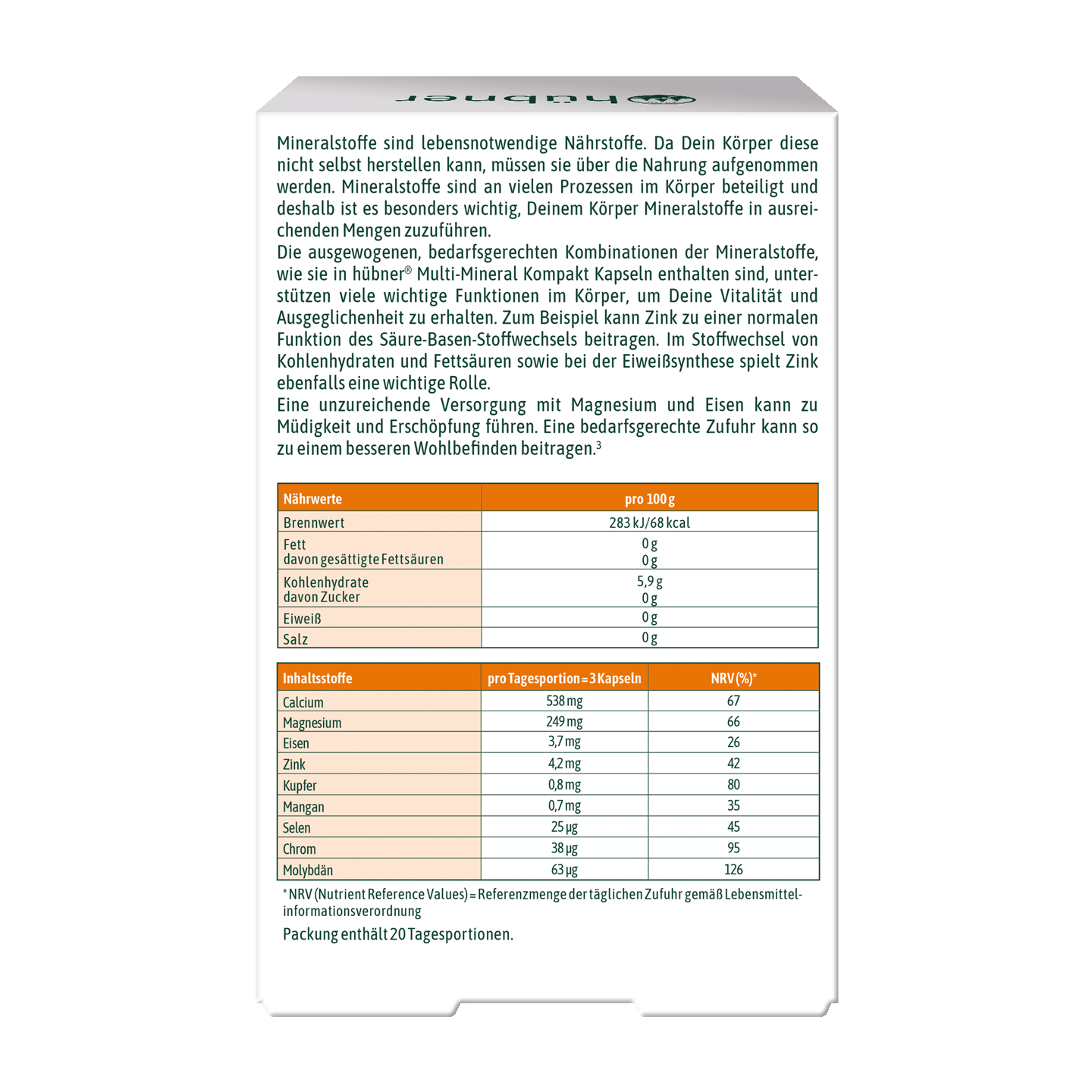 Rückseite einer Nahrungsergänzungspackung mit deutschem Text, Nährwerttabelle und Zutatenliste in Schwarz und Orange auf weißem Hintergrund.