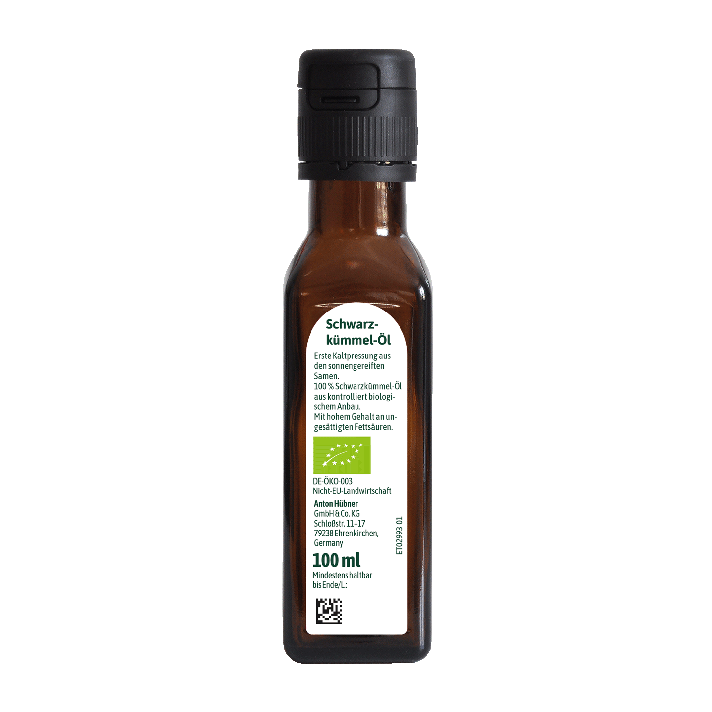 Eine kleine braune Flasche mit schwarzem Verschluss und weißem Etikett für Bio-Schwarzkümmelöl, 100ml.